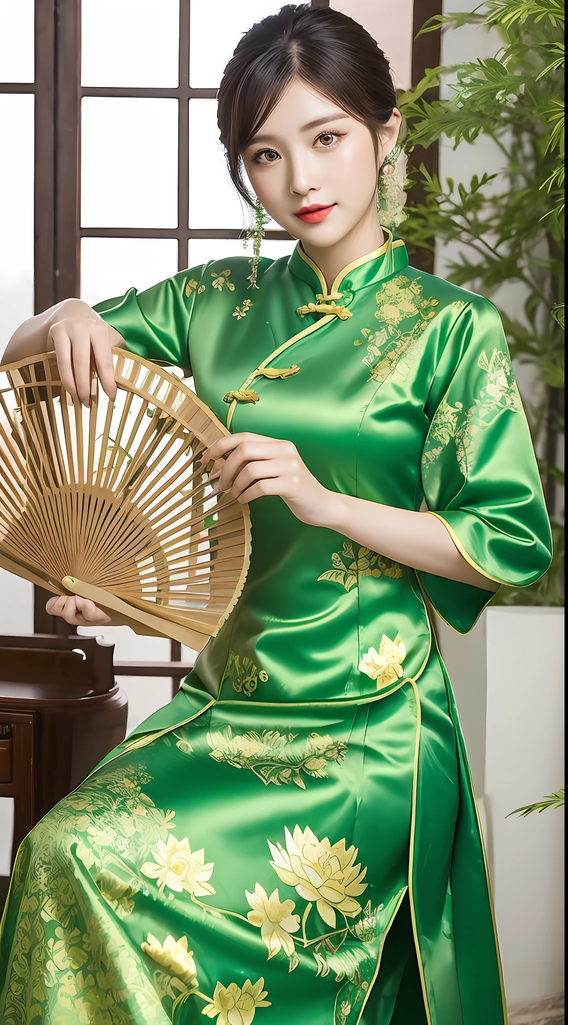 A woman in a green dress, holding a lady's folding fan, the fan is painted with lotus flowers, Chinese clothing, Chinese traditional clothing, cheongsam, Hanfu, wearing blue cheongsam dress, traditional clothing, traditional clothing, traditional clothing, traditional Thai clothing, soft green, with ancient Chinese aesthetics, traditional clothing