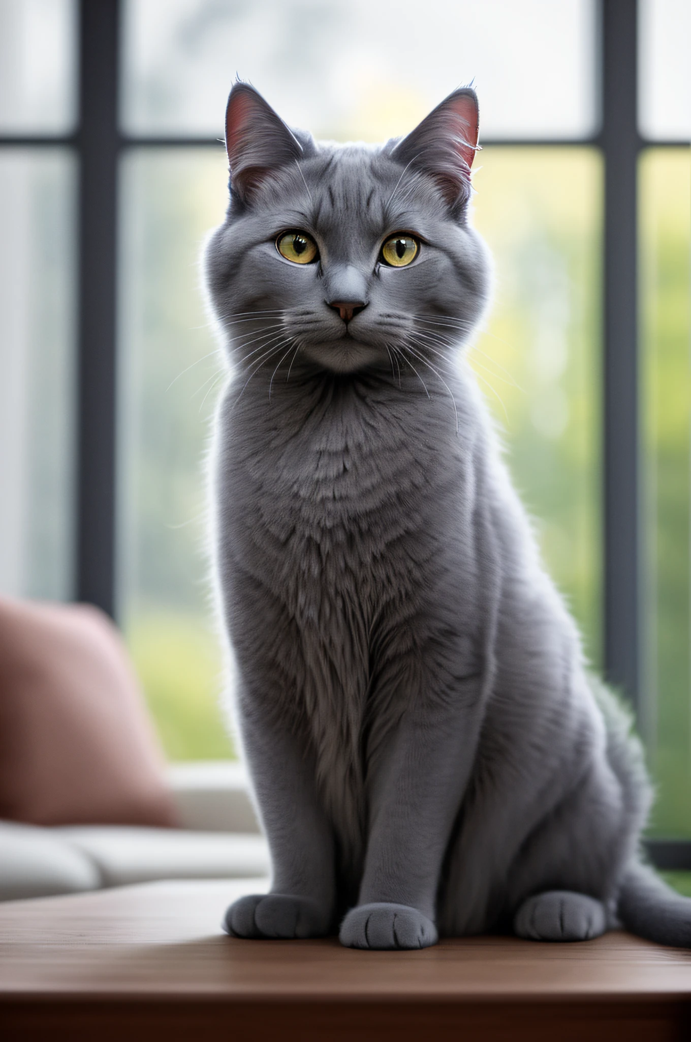 modelshoot style, 8k, a cute gray (Russian blue) cat sitting in the living room of the house lazy lying on its tummy, detailed fur, trends on ArtStation, trends on CGSociety, intricacies, high detail, clear focus, dramatic lighting, digital painting, digital art, by artgerm, by Liang Xing, by WLOP embellish2 Phtography, HDR RAW photo, 8K, highres, absurdres, Kodak Portra 400, film grain Bokeh, lens flare, vibrant color blurry background (best quality) masterpiece photorealistic photography, (low-key photo: 1.2), detail, 8k vivid colors