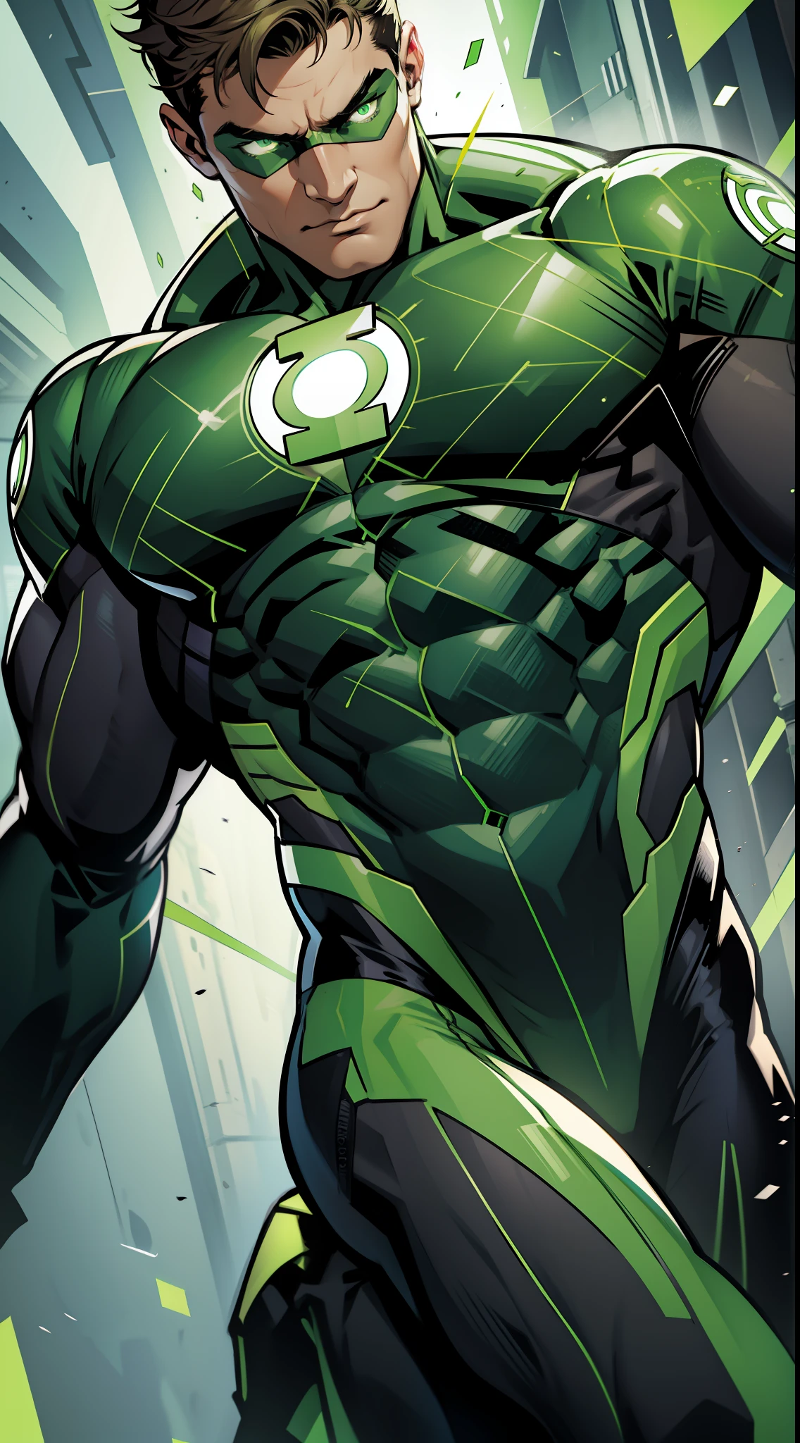 Green Lantern, Hal Jordan, full body shot, face of a 30s, tall, hunk, lean muscle, short hazel hair, neon green and black suit, light neon green lantern logo on the chest, best quality, masterpiece, high resolution, green ring on his right middle finger, dark green eyes mask, white eyes (doesn't have pupils), straight face, detailed face, detailed suit