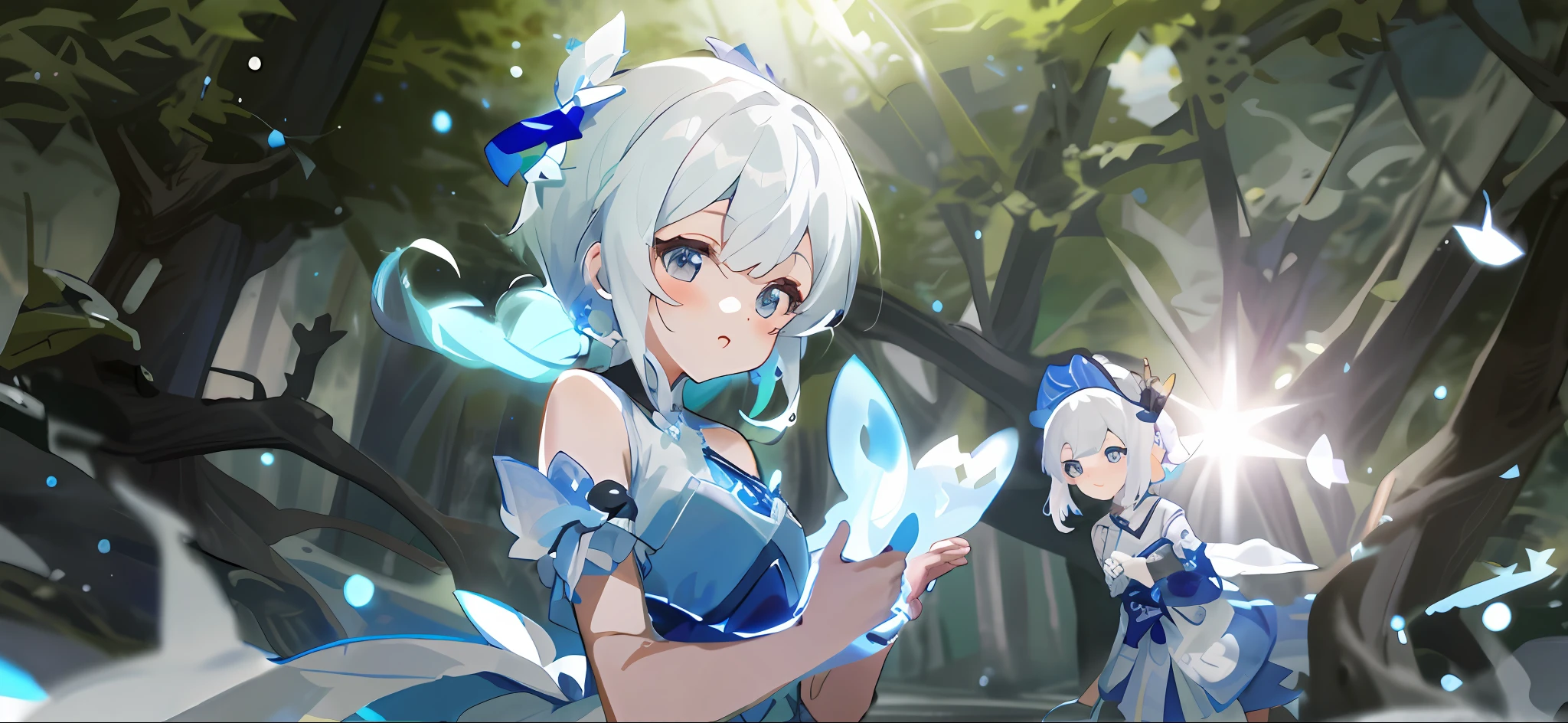 White dress woman holding blue light in hand, Ayaka behind her, Kusart Krentz Genshin style forest, sister style loli, rich details + stable CG unity 8k wallpaper ink.
