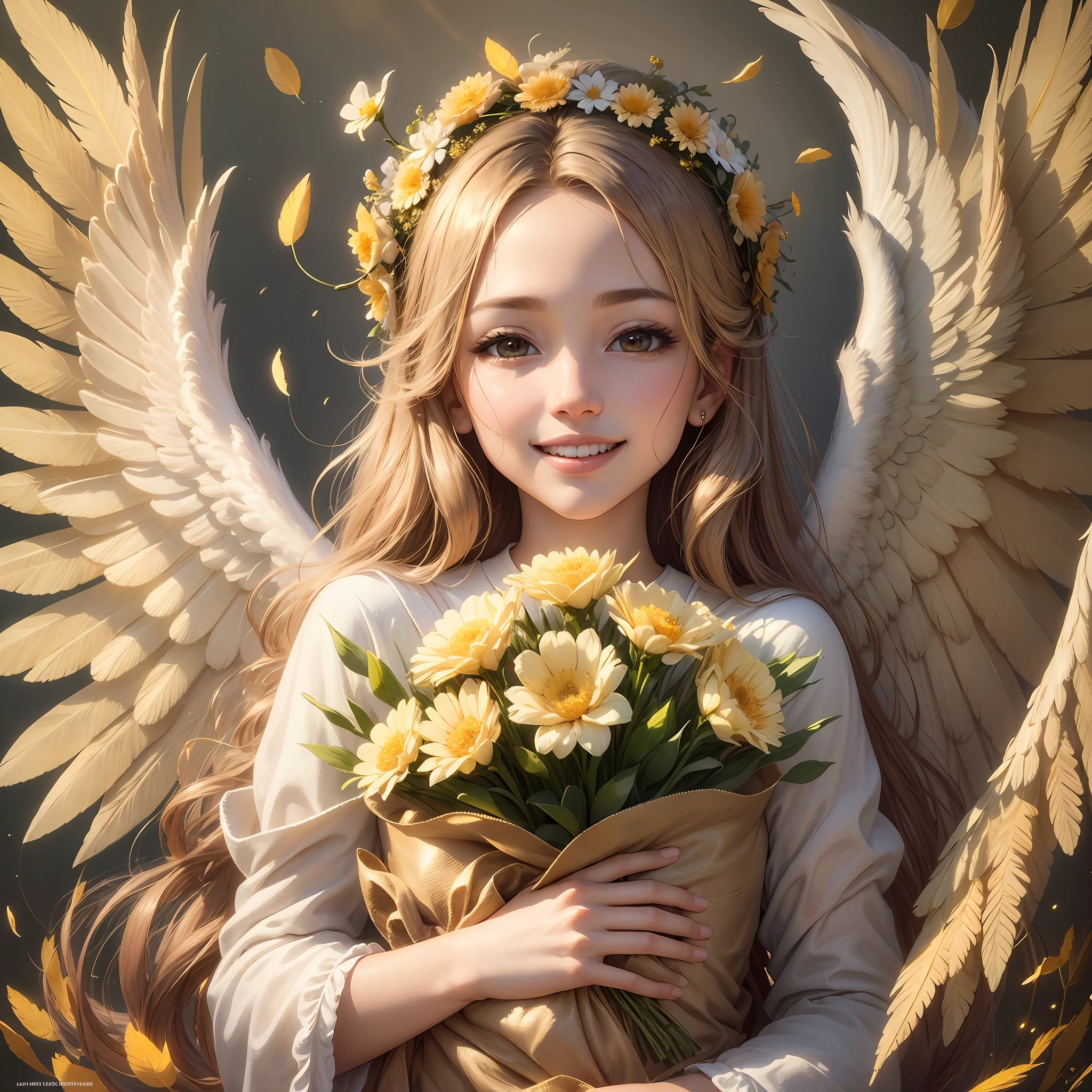 with angel, baby, mysterious, realistic, high image quality, golden glow, happiness, flowers, lots of feathers, light, radiance, gentle smile, heaven, happiness Wrapped in love, Lassen --auto --s2