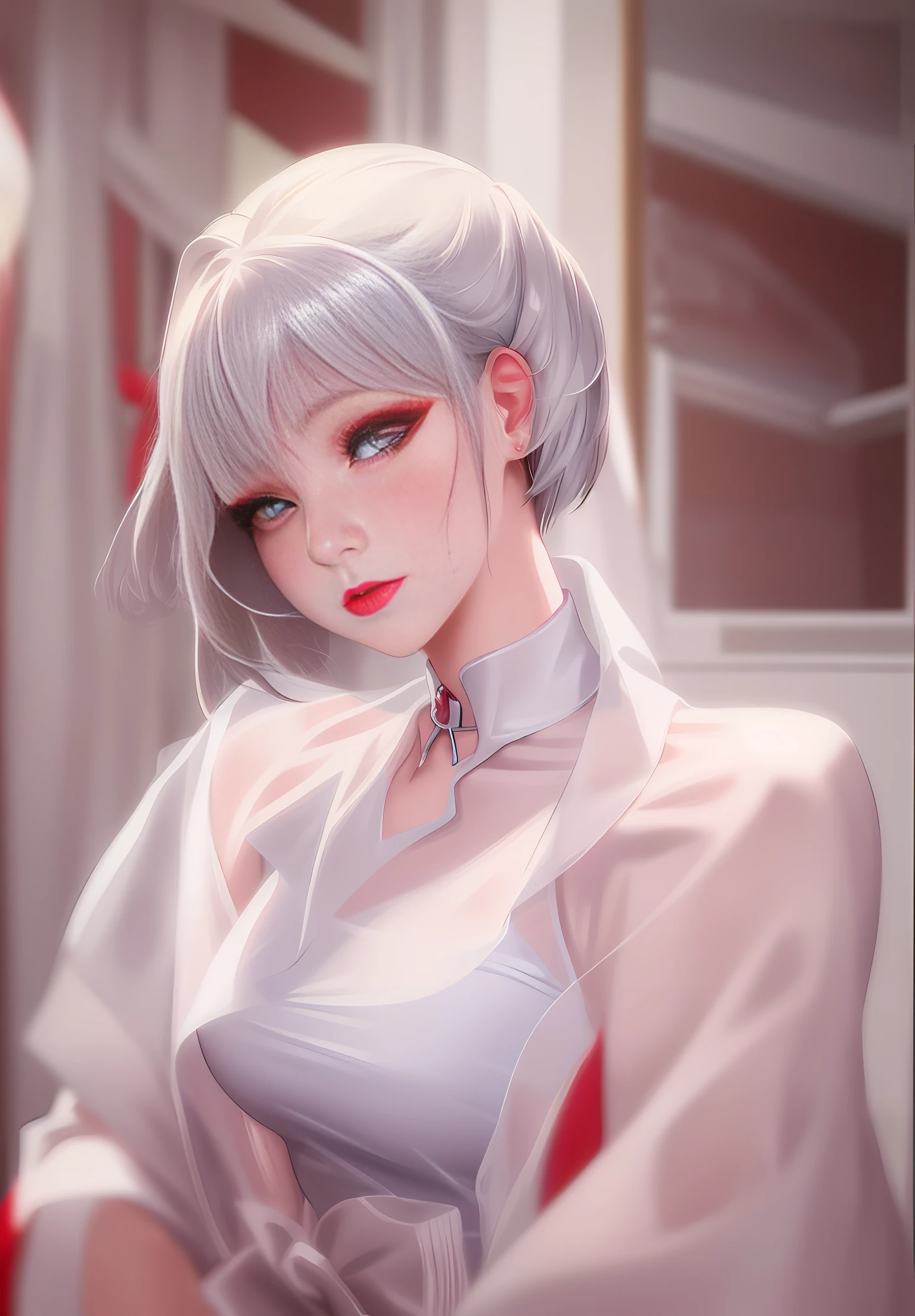 masterpiece, best quality, ultra-detailed, illustration, Delicate and beautiful eyes, delicate and beautiful face, delicate and beautiful facial features, cos photo,small face, melon face,,small nose, high nose bridge,thin lips,Cherry Small Mouth,pointed nose,1 girl,solo, short hair, looking at viewer, blue eyes, bangs, upper body, lips, closed mouth, blurry, red lips, shirt, white shirt, nose, choker, realistic, bob cut, blurry background, see-through, eyelashes, indoors, makeup,