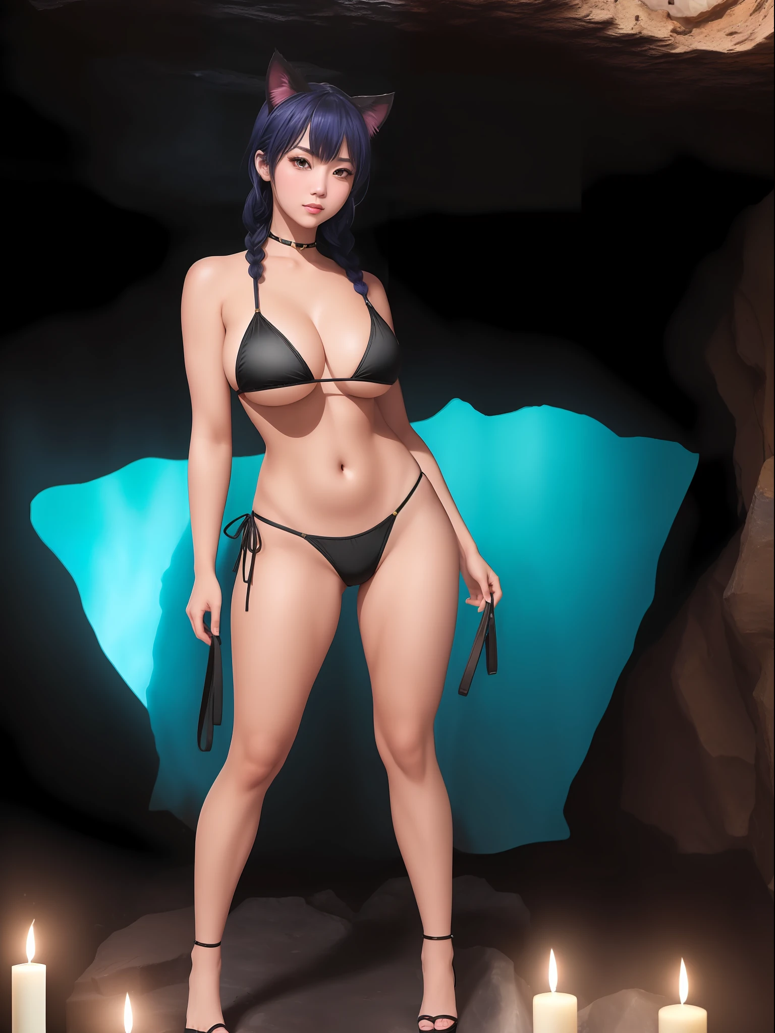 (full-body photo/looking at the viewer:2), (Kawaii/Woman:1.5), (extremely gigantic breasts:1.5), (wearing a black thong bikini with gold parts:1.3), (inside a dark cave full of bats on the ceiling being lit by candles:1.5), (she has short blue hair with thick braids + cat ears:1.3), (light green eyes:1.3), (head/body/wet bikini:1.3), Mortal Kombat, Horror, Vampire, Masterpiece, high resolution, high quality, textured skin, grimace, Eye-Level Shot, Anime, Realism, Hyperrealism, film grain, 16k, 16k, UHD, masterpiece, anatomically correct, best quality, high details