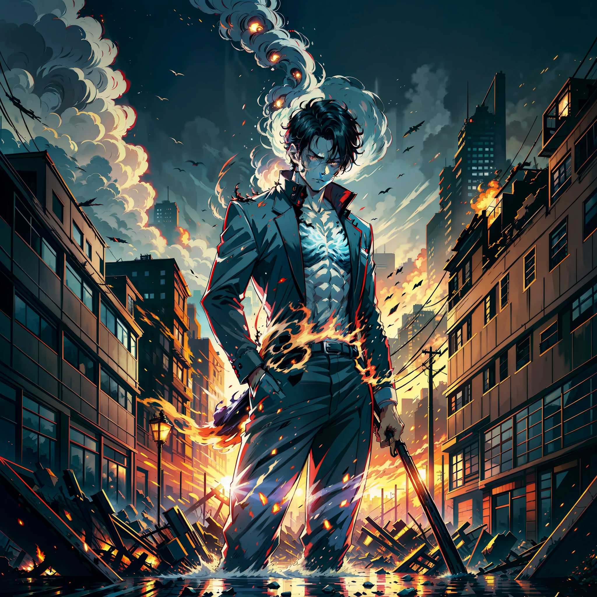A handsome boy stands up, short black hair, characters super detailed, about to turn into zombies, front, collapsed buildings, rubble, fire +, billowing smoke, fear +, overturning, night, horror, half moon in the sky, end of the world, no blood, highly real, UHD, chiaroscuro, super high detail, energy flow around him