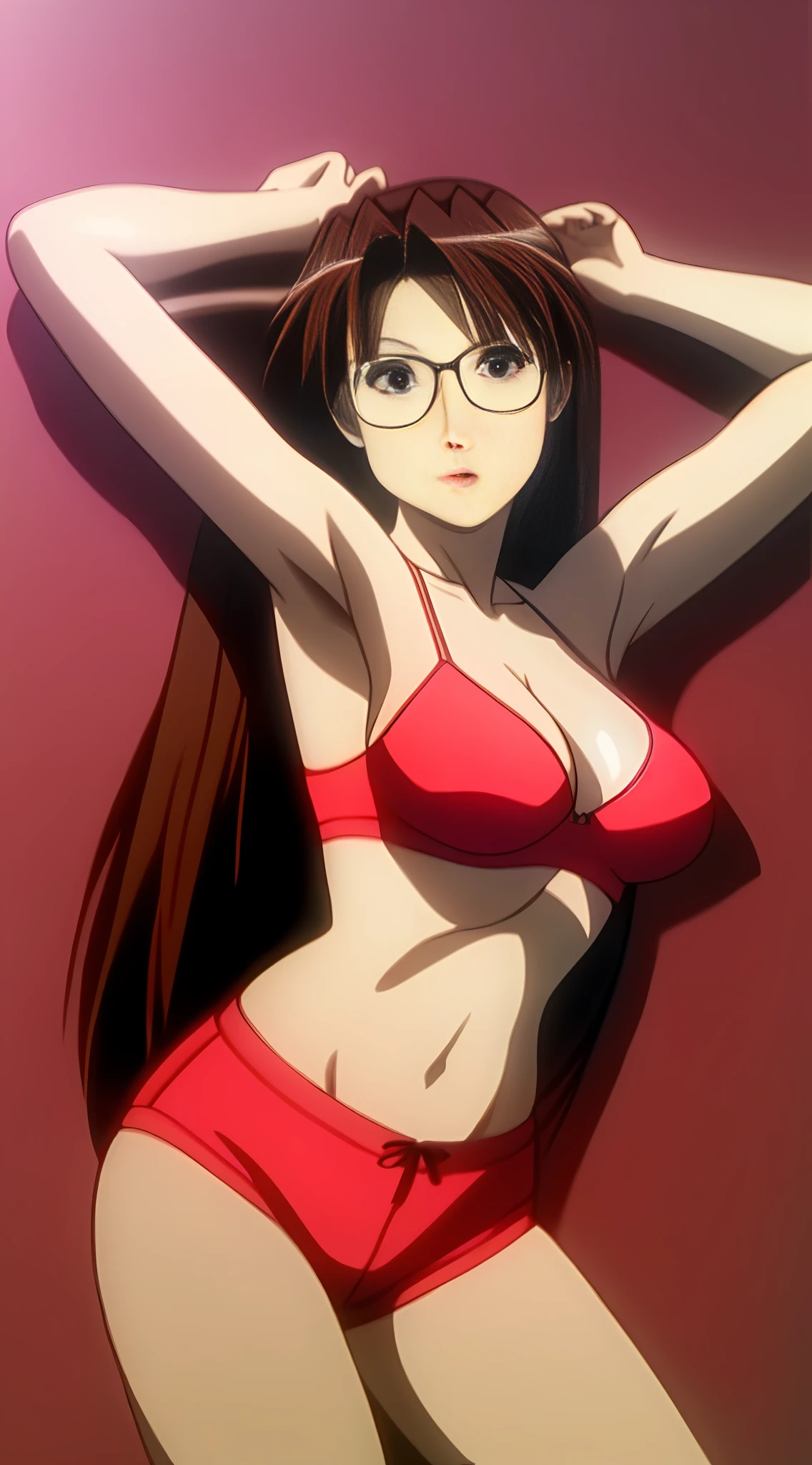 Koyomi Mizuhara, long brunette hair top bangs, glasses, tight 80’s thong high bikini, bra, huge breasts, ass, thighs, slim figure, sexy poses, beach party background, seductive pose, make up, lipstick, sexy waist line, short shorts