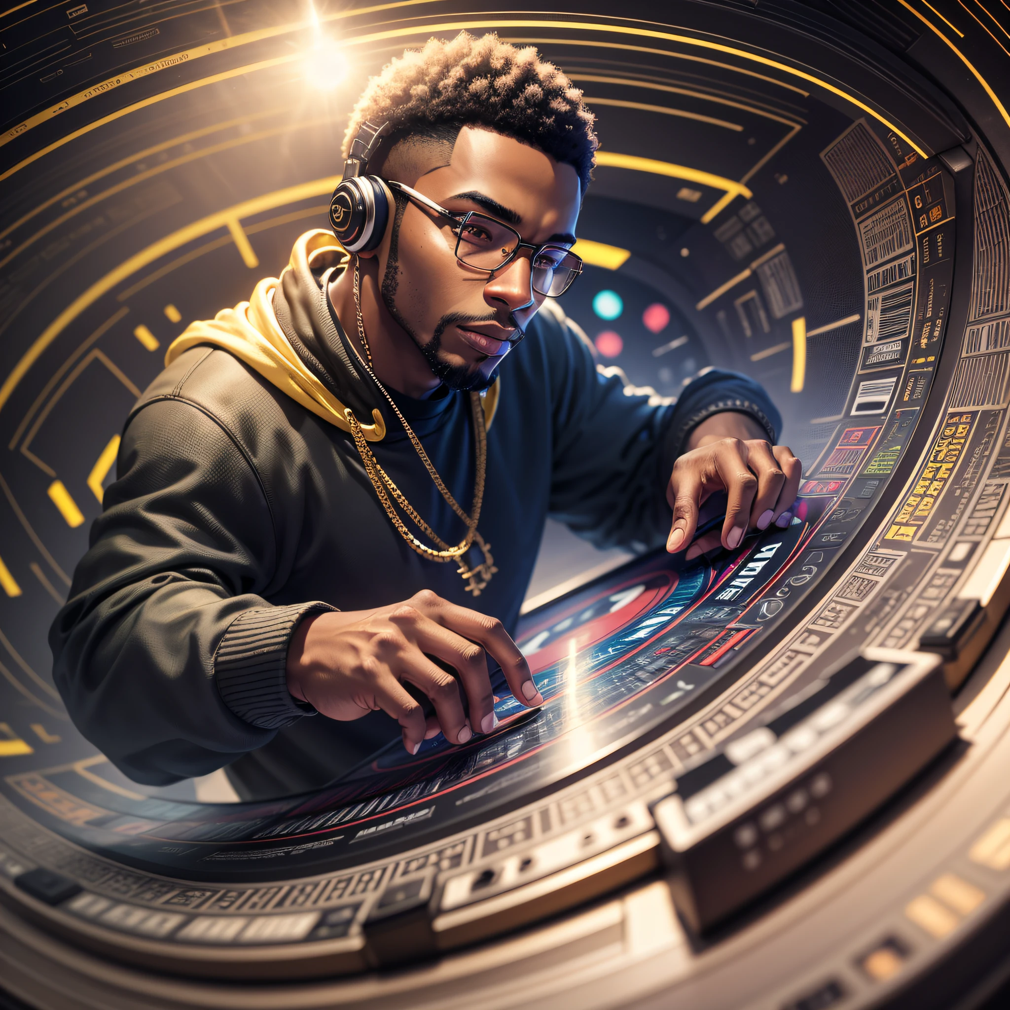 "Black man in sweatshirt without beard playing listening to trap vinyl record, 3d, ultra quality, vibrant, flawless lighting, dynamic angle, flawless details, amazing texture, realistic appearance" --auto --s2