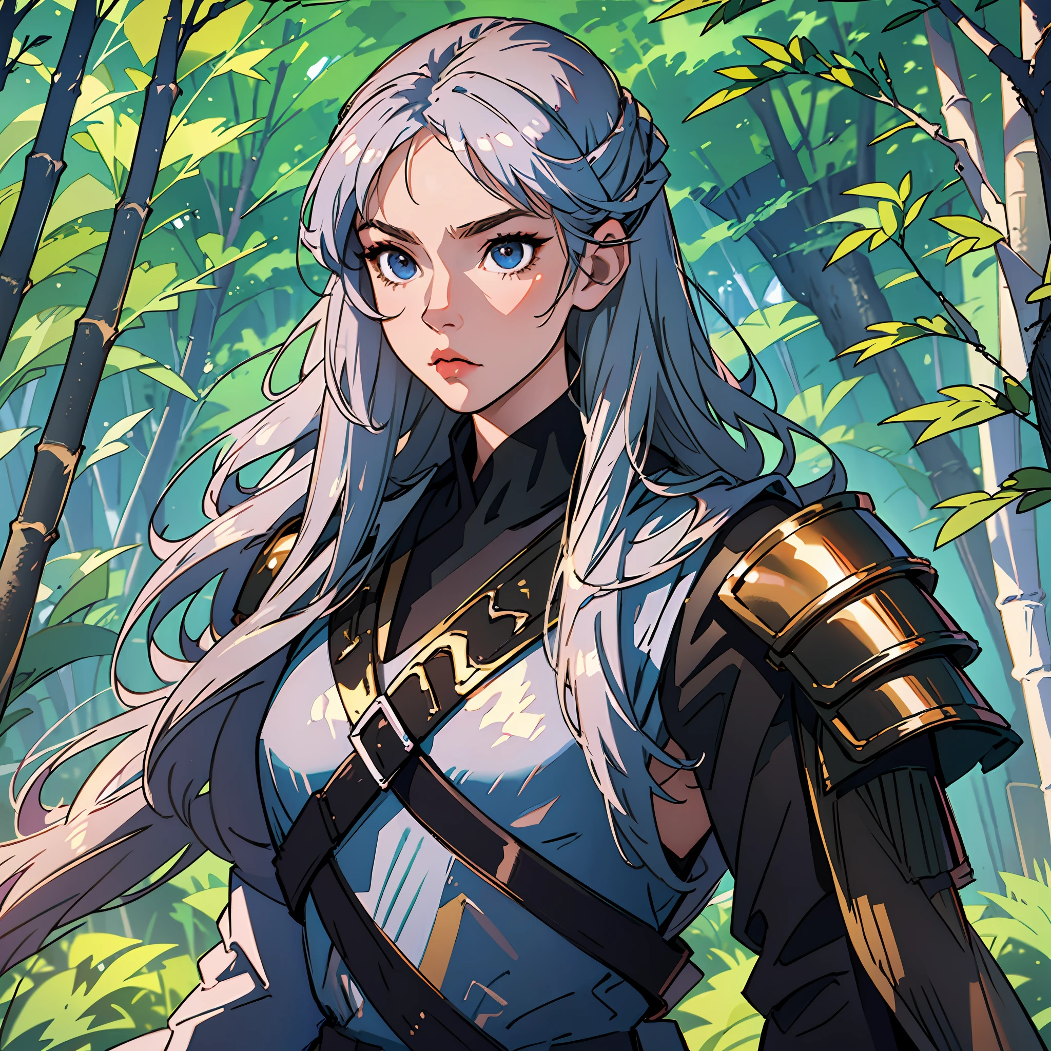 Masterpiece, best quality, delicate face, 8K, a man, flowing long hair, silver golden edge shoulder armor, silver hair, black clothes, golden cuirass, holding bamboo simple, outdoors, forest background, Three Kingdoms character style --auto --s2