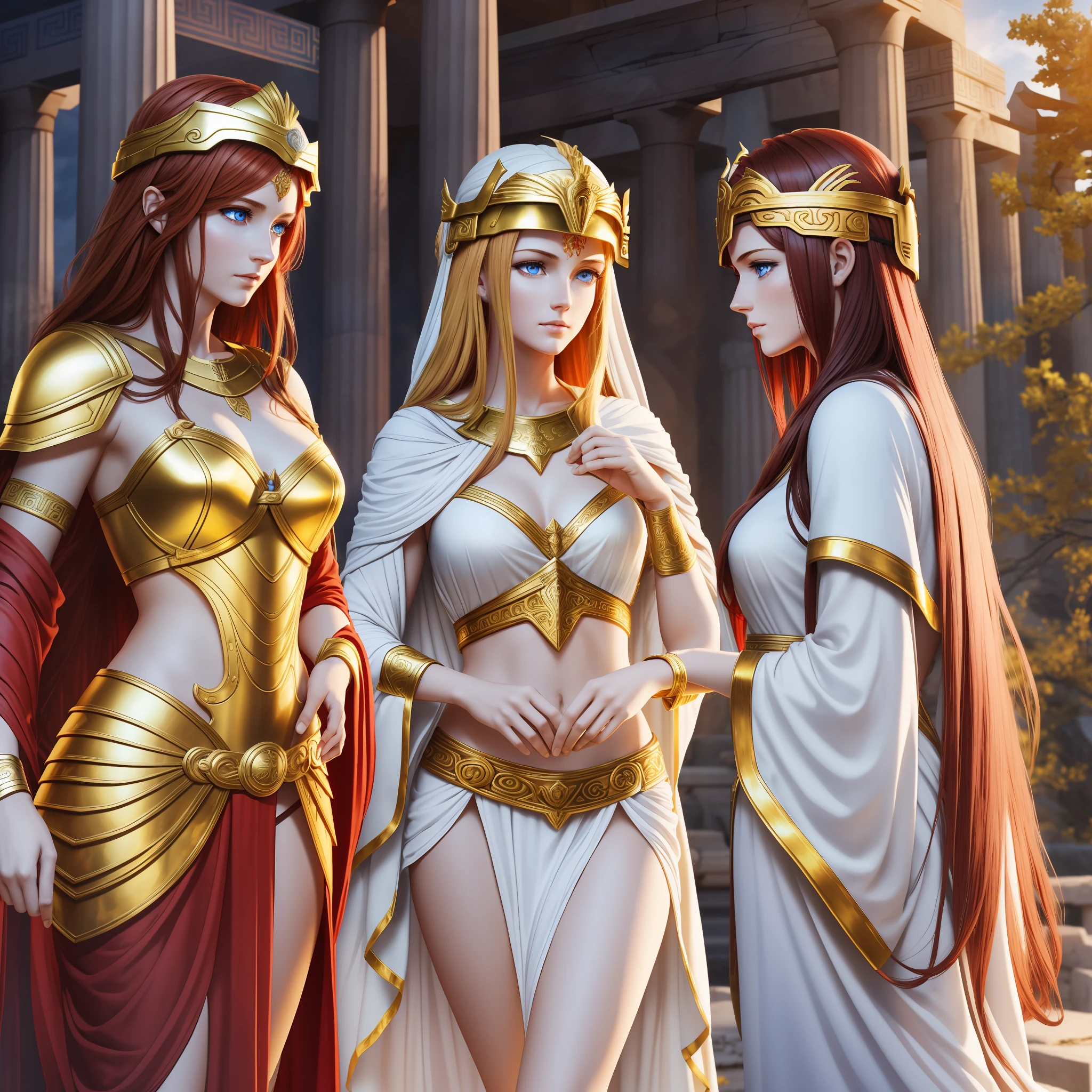 3 goddesses are chatting happily in acient greek temple, the center is goddess of wilderness and hunting, (((blonde hair))), (((blue eyes))), fair skin, tall and slender, a pair of perfect long legs, wearing (((very short:1.3))) greek white tunic, the right is goddess of wa and wisdom, ((dark hair)), ((grey eyes)), fair skin, tall, wearing ((golden armor and helmet)), the left is goddess of hearth and fire, ((dark red hair)), ((red eyes)), fair skin, wearing (long) white robe, greek myth, greek mythology characters, photorealistic, super high quality, super detail, ultra collect description of hands, masterpiece, 4k, 8k, HDR