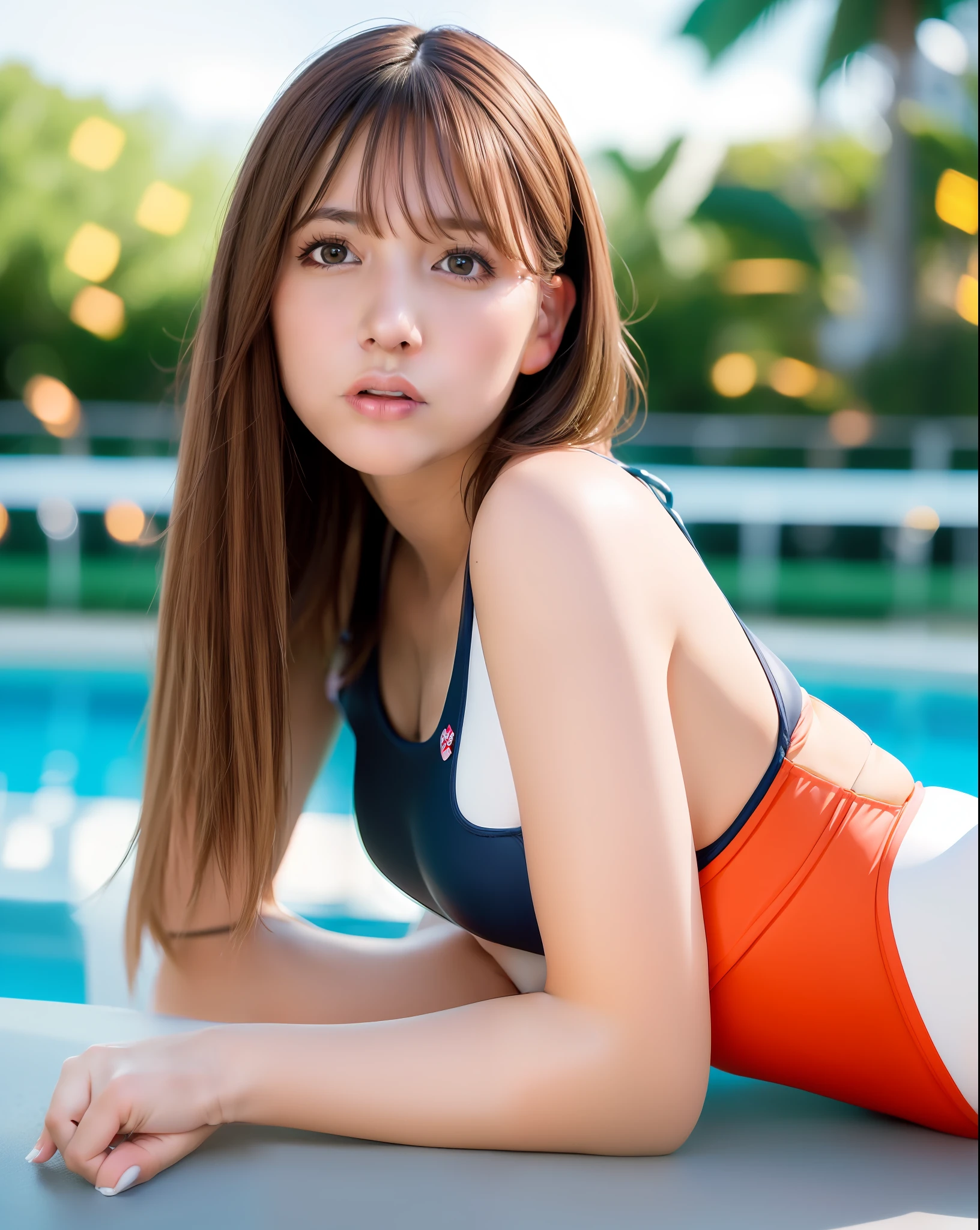 best quality, photorealistic, 8k, high res, (1 girl), (woman), (small breast), brunette, mole, parted bangs,short hair, closed mouth, (one piece swimsuit:1.5),((looking at the viewer)), (looking at the camera), (professional lighting, bokeh), (((poolside))), (portait:0.6), gorgeous, (dynamic pose:1.2),