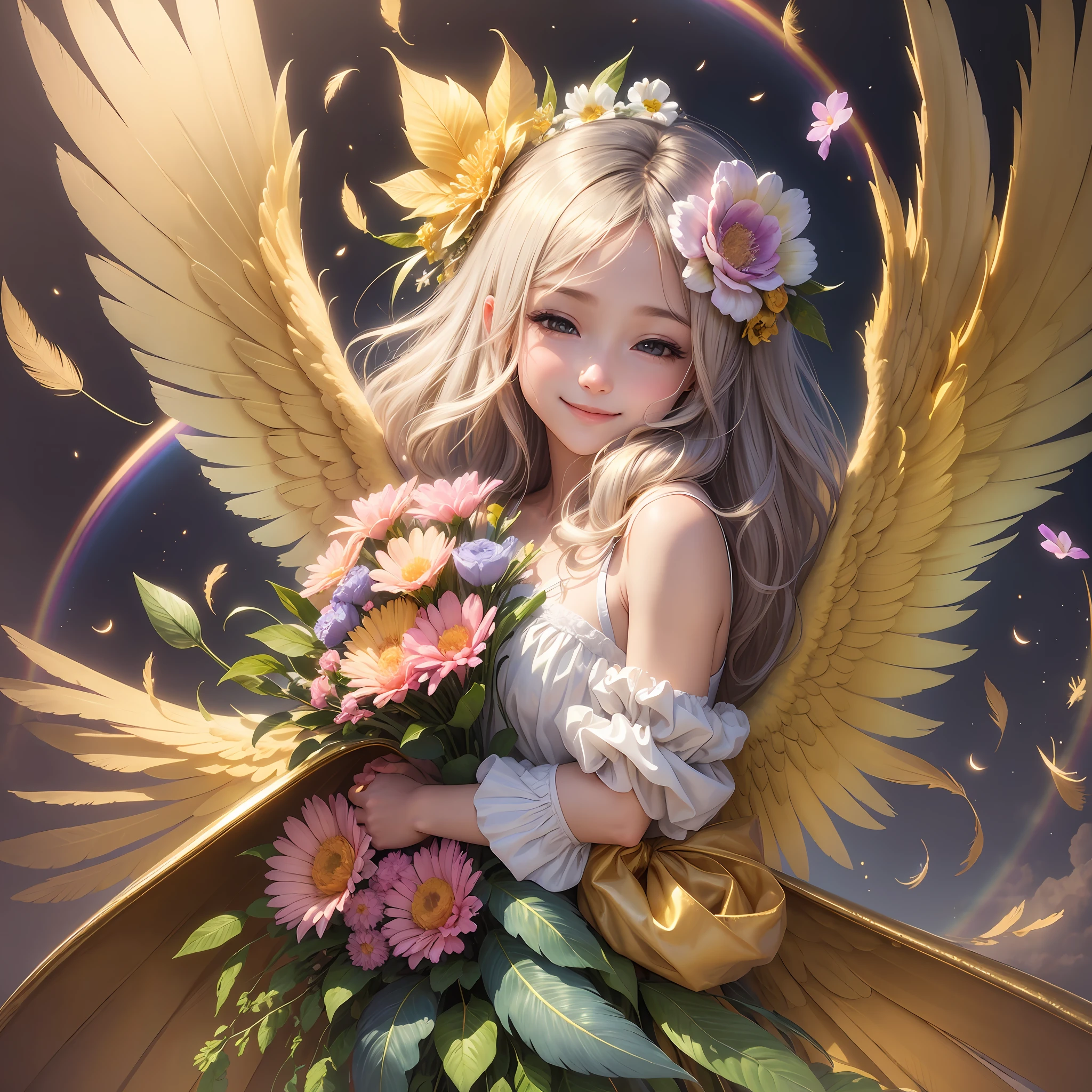 with angel, baby, mysterious, realistic, high image quality, golden glow, happiness, flowers, lots of feathers, light, radiance, gentle smile, heaven, happiness, happiness, wrapped in love, lassen rainbow --auto --s2