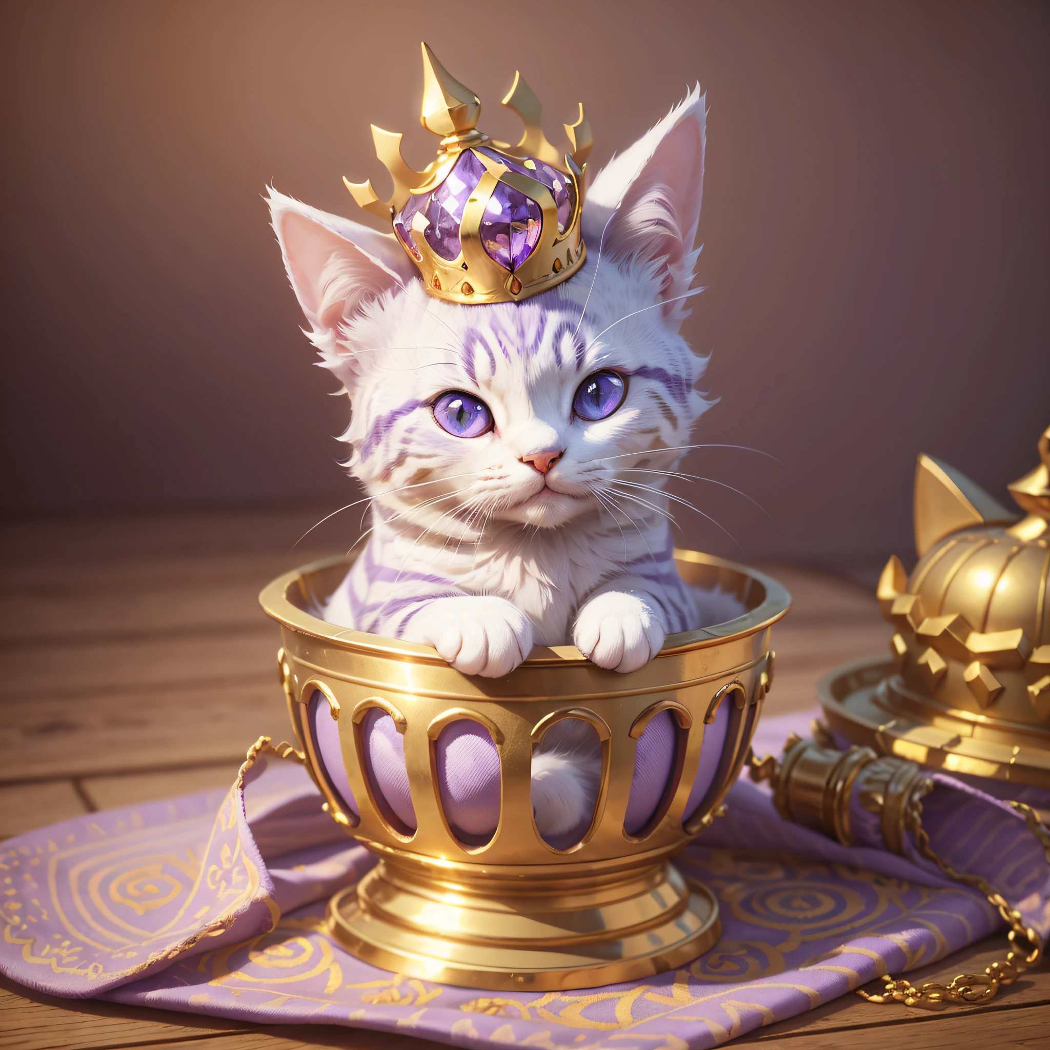 Purple and white cat with golden crown on head, cute 3 d rendering, cute digital painting, cute detailed digital art, stylized 3d rendering, stylized 3d rendering, stylized 3 d, stylized to 3d rendering, color zbrush rendering, smooth 3d cg rendering, cute digital art, cute cat, super detailed rendering --auto --s2