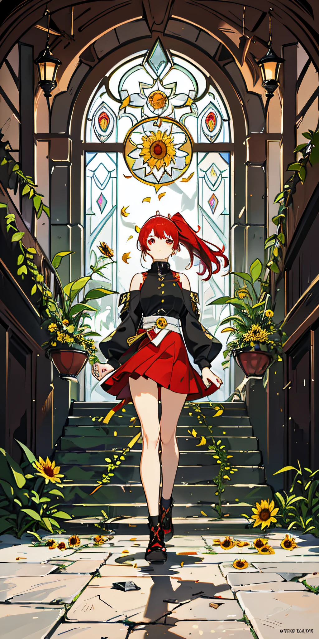 Girl, ponytail, (red hair, red eyes: 1.2), floating hair, detailed clothes, a person, floating hair, glowing eyes, cute face, red miniskirt, black leather shoes, (exposed ankle: 1.5), (masterpiece), anatomically correct, 4K, high quality, high detail, (illustration), (super high resolution), dynamic angle, floating, (beautiful concrete eyes), (detailed lighting), outdoors, (Oregon fern Kanyu Canyon: 1.1), stone steps, overgrown plants, (white background: 1.6), character centered, middle farewell, walking towards the viewer, looking at the viewer, full body, dynamic pose, unparalleled masterpiece, (detailed facial depiction: 1.2), (stained glass window: 1.3), (broken stone floor: 1.2), (God ray: 1.5), (sun, sunflower: 1.2), bright picture