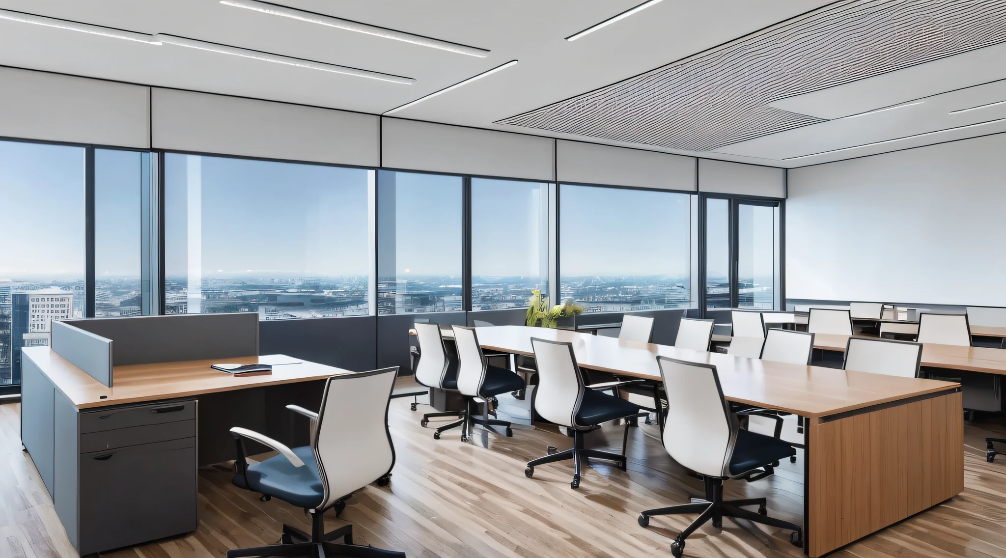 there is a large room with a desk and chairs in it, offices, modern office, office interior, office room interior, by Matthias Weischer, by Sebastian Spreng, in a open-space working space, by Juergen von Huendeberg, by Thomas Häfner, office ceiling panels, by Dietmar Damerau, office furniture