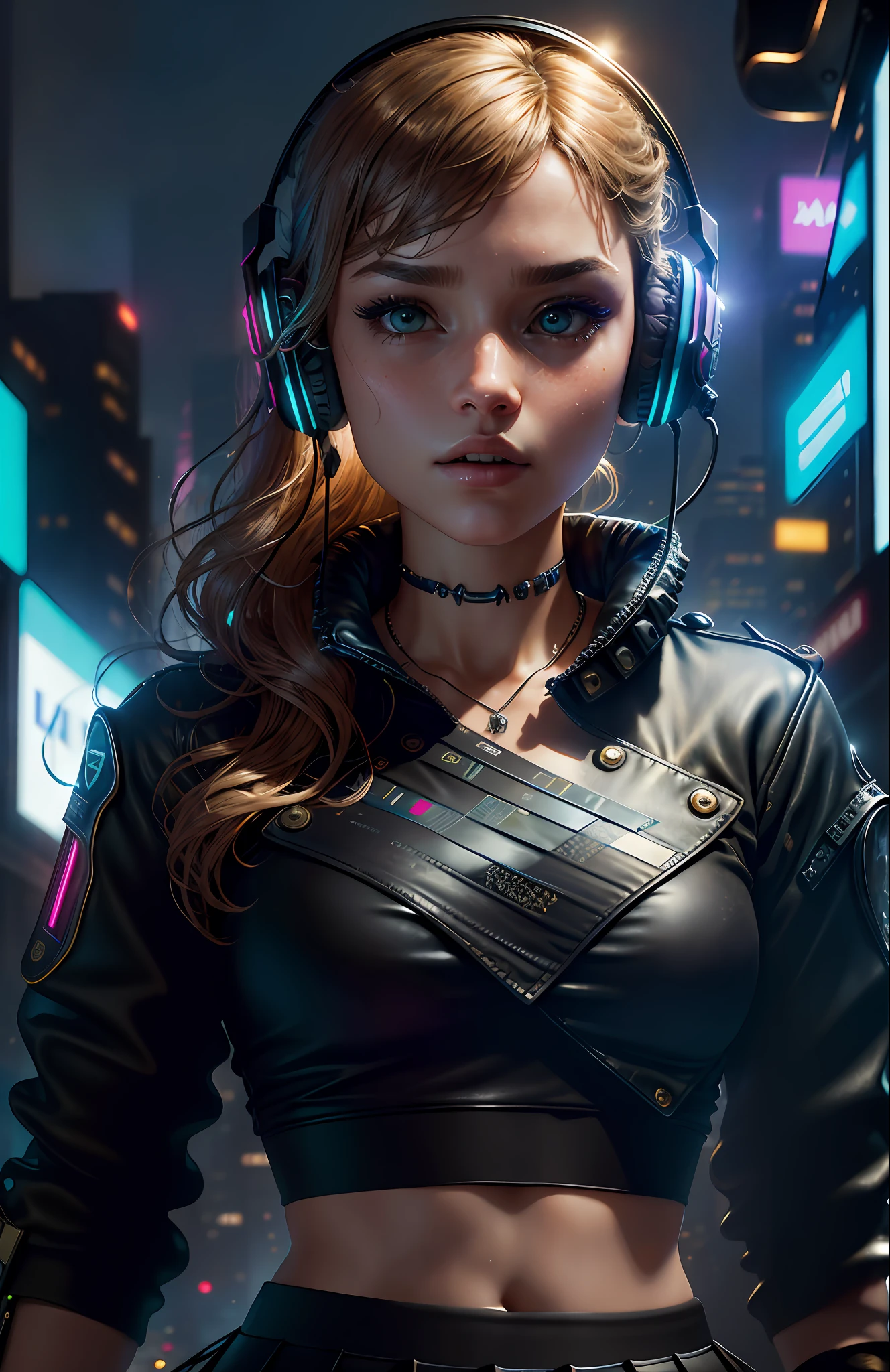 Best Quality, Realistic, Photorealistic, Award-winning illustration, (Complex Details: 1.2), (Delicate Details), (Intricate Details), (Cinematic Light, Best Quality Backlight), Clear Line, Sharp Focus, Official Art, Unity 8K Wallpaper, Absurd, Incredibly Absurd, Huge File Size, Ultra- (in_main_street: 1.21), (Neon Lamp), Fantastic Art, RTX, ((Award-winning studio close-up photo of a triangle)), 1girl, incredibly beautiful, (mouth closed), big, ((Cyberpunk city Street, Battle Maiden, Katana, robot arm)),beautiful detailed eyes,Perfect Face,(Cyberpunk blouse, leather jacket, Martin boots),(headphones_around_neck),(headphones_around_hair),((pleated skirt)), ((Supermodel Pose)),