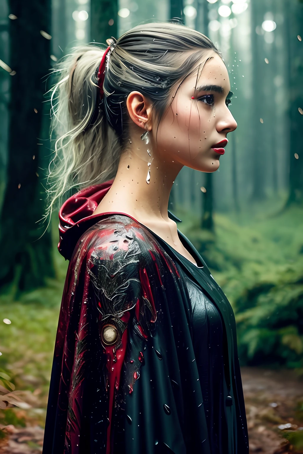 Masterpiece,hyperrealistic,8k resolution,natural,raw photo,heavy rainy forest,multiple trees,beautiful girl with wet black red leather suit in heavy rain,rain water drop