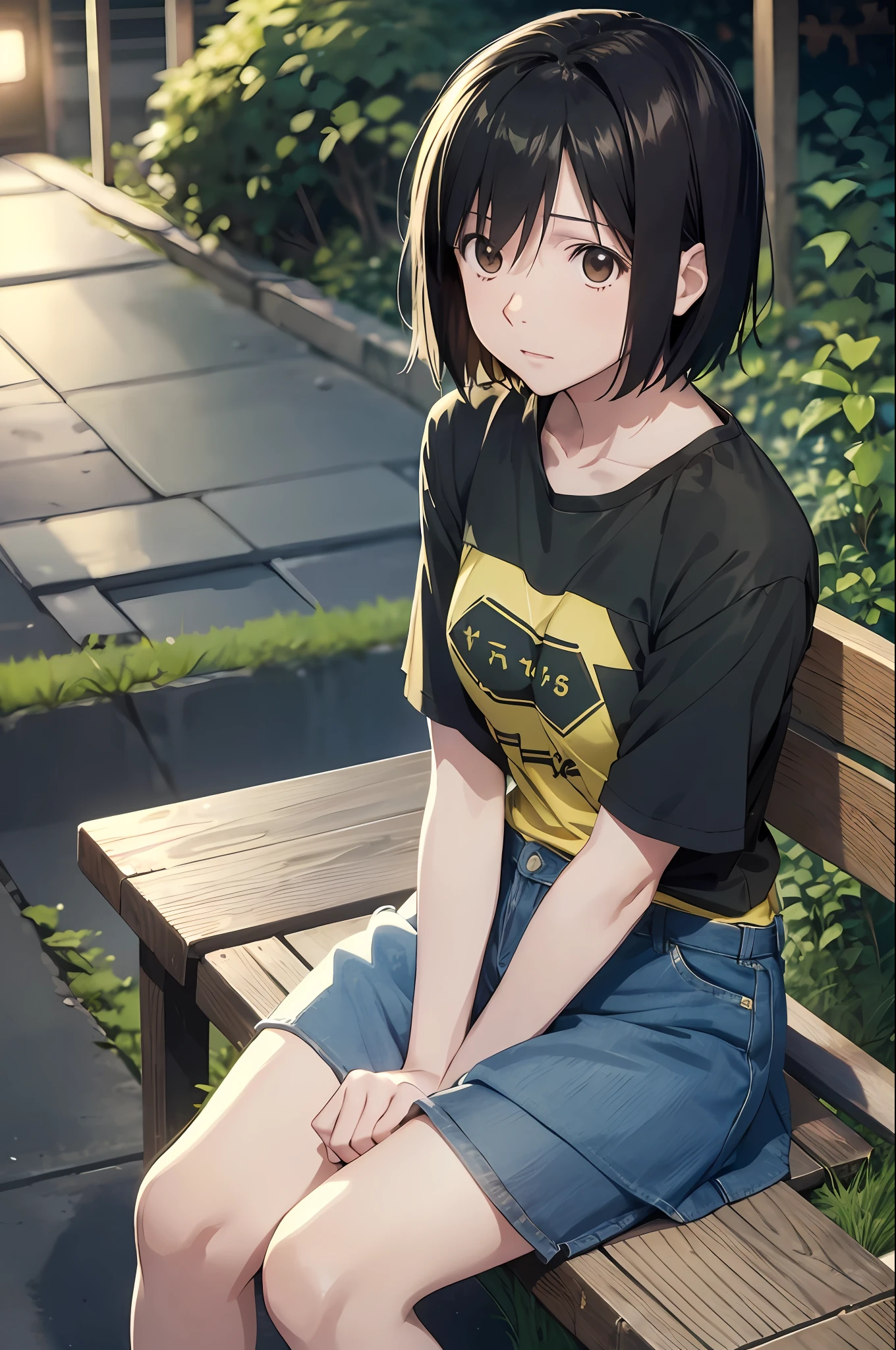 nakahara misaki, blown short straight hair, wearing two-tone yellow and black T-shirt, denim skirt, sitting on bench, simple green garden, lawn, ((night)), (dark), emotionless, looking at viewer, highest quality, high resolution.