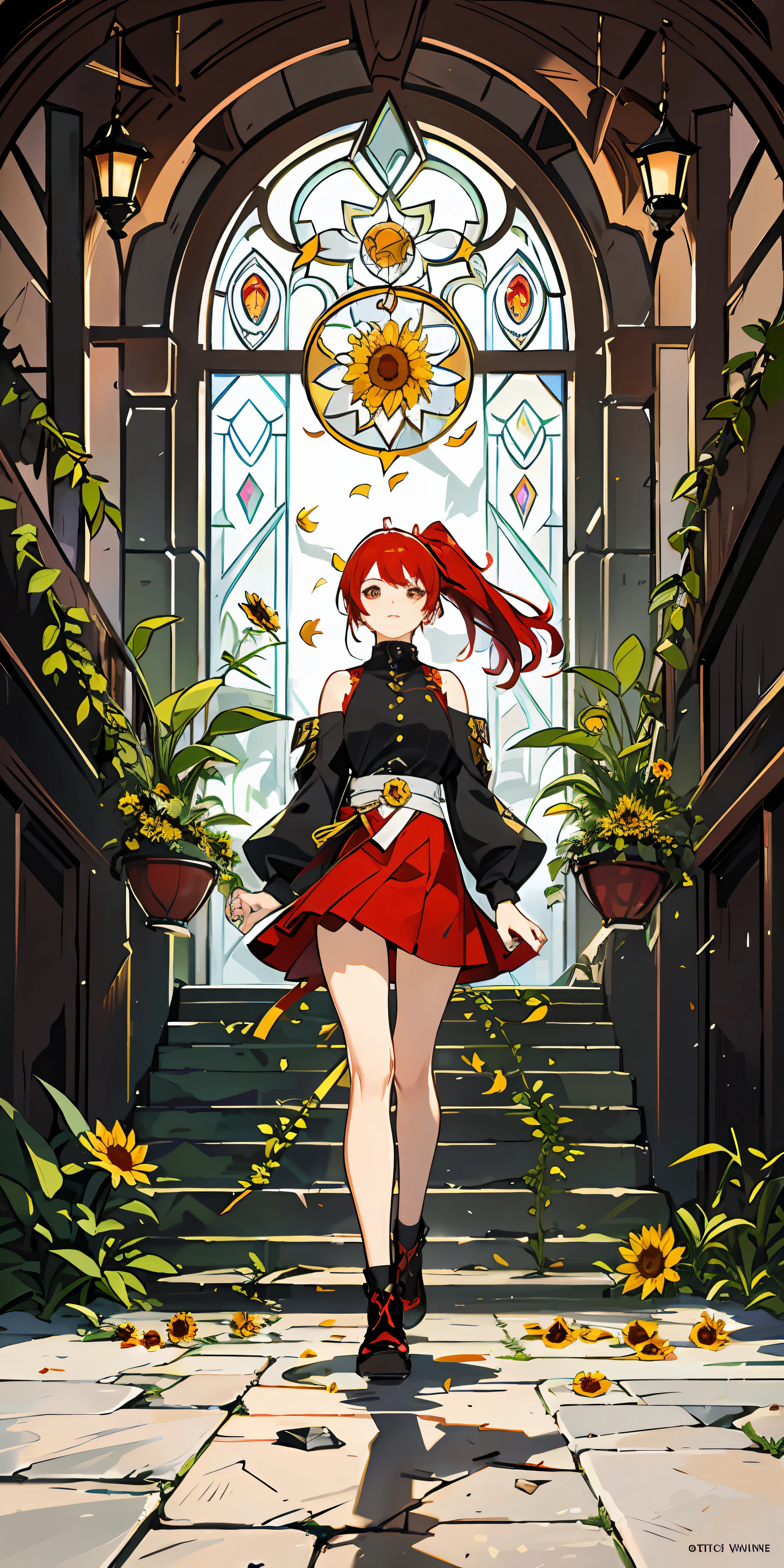 Girl, ponytail, (red hair, red eyes: 1.2), floating hair, detailed clothes, a person, floating hair, glowing eyes, cute face, red miniskirt, black leather shoes, (exposed ankle: 1.5), (masterpiece), anatomically correct, 4K, high quality, high detail, (illustration), (super high resolution), dynamic angle, floating, (beautiful concrete eyes), (detailed lighting), outdoors, (Oregon fern Kanyu Canyon: 1.1), stone steps, overgrown plants, (white background: 1.6), character centered, middle farewell, walking towards the viewer, looking at the viewer, full body, dynamic pose, unparalleled masterpiece, (detailed facial depiction: 1.2), (stained glass window: 1.3), (broken stone floor: 1.2), (God ray: 1.5), (sun, sunflower: 1.2), bright picture