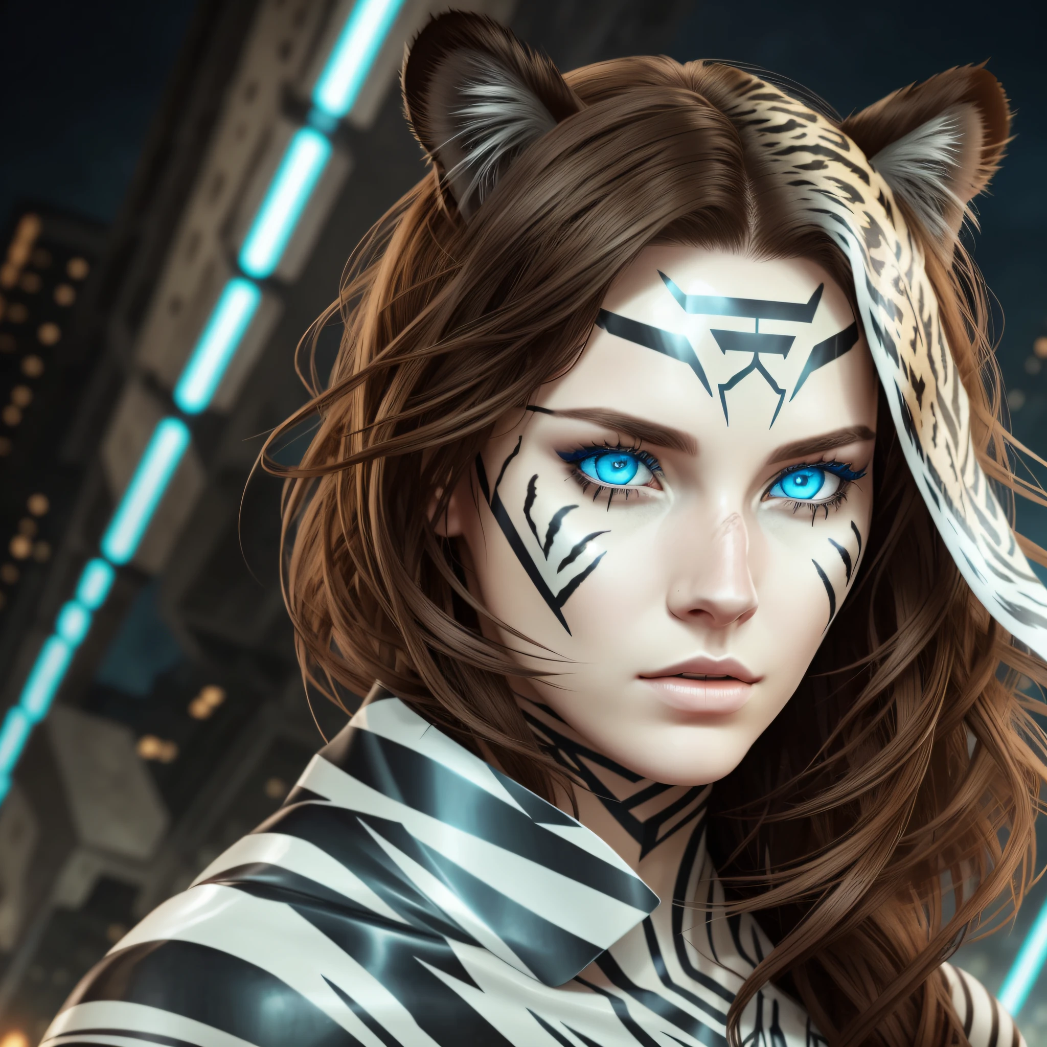 brunette, dystopia, apocalypse, face half woman, half white tiger with light blue eyes --auto --s2