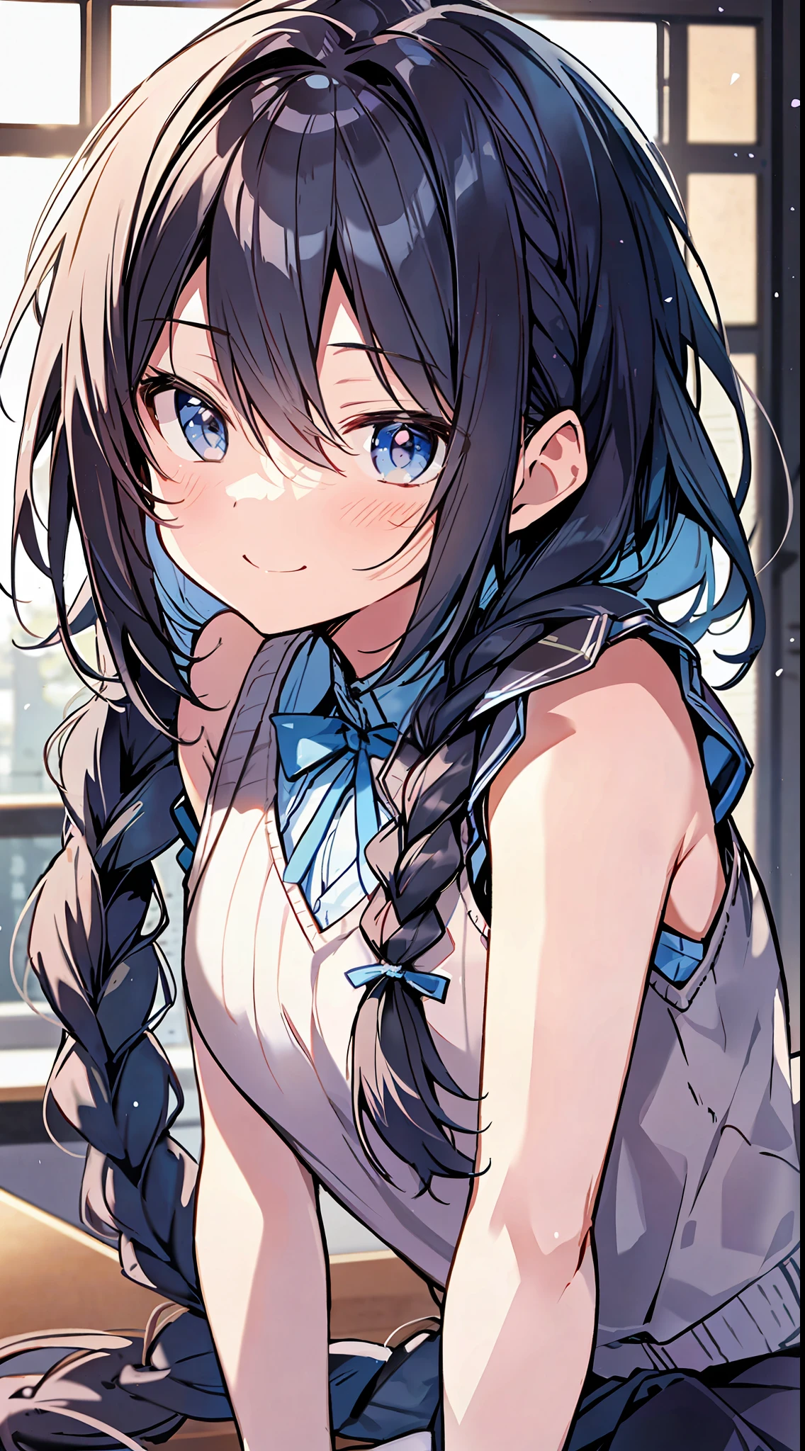 Top Quality, Best Masterpiece, Ultra High Definition, 8K, Light Blue Sweater Vest, Anime Style Little Loli, Single, Ultra Detailed Line Art, Digital Enhancement, Anime Core, Flowing Fabric, Close Up, ((Hair length to shoulder mouth and short braid)), staring at us from the front, soft drawing, beautiful black hair, crisp eyes, smiling smile, ultra-detailed digital anime art, Clear face depictions, ultra-detailed anime character art, ultra-detailed manga style, top-quality colors, hand gestures, foot-level angles, indoor