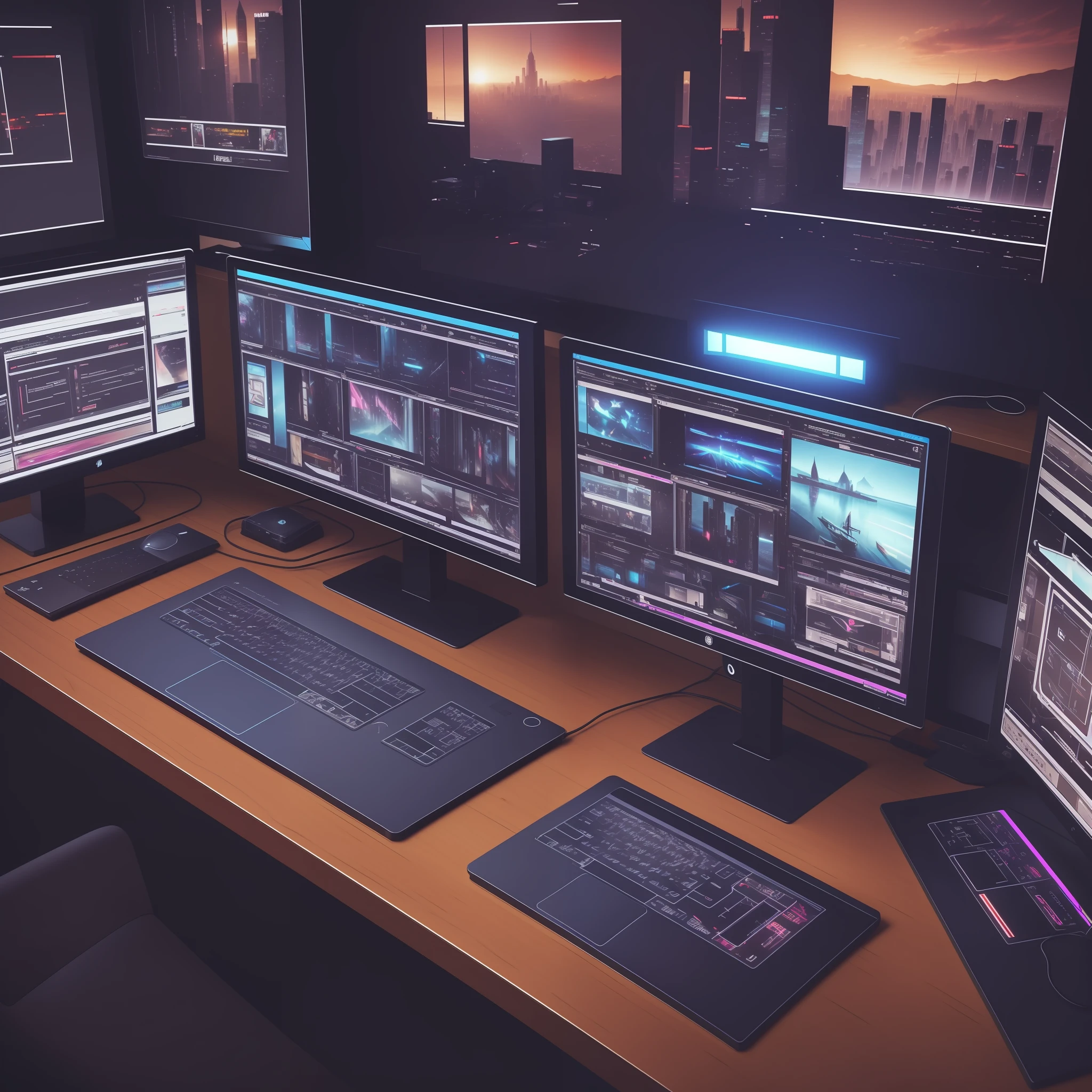 There is a table with a beautiful view, laptop, monitor, keyboard and mouse, dark setting, cyberpunk setting, gamer screen on metallic table, photorealistic dark concept art, ArtStation headquarters, computer setting, postproduction, postproduction, postproduction production, art workstation, epic scene full of computers, 8K, digital art workstation, money, looking at wristwatch --auto --s2