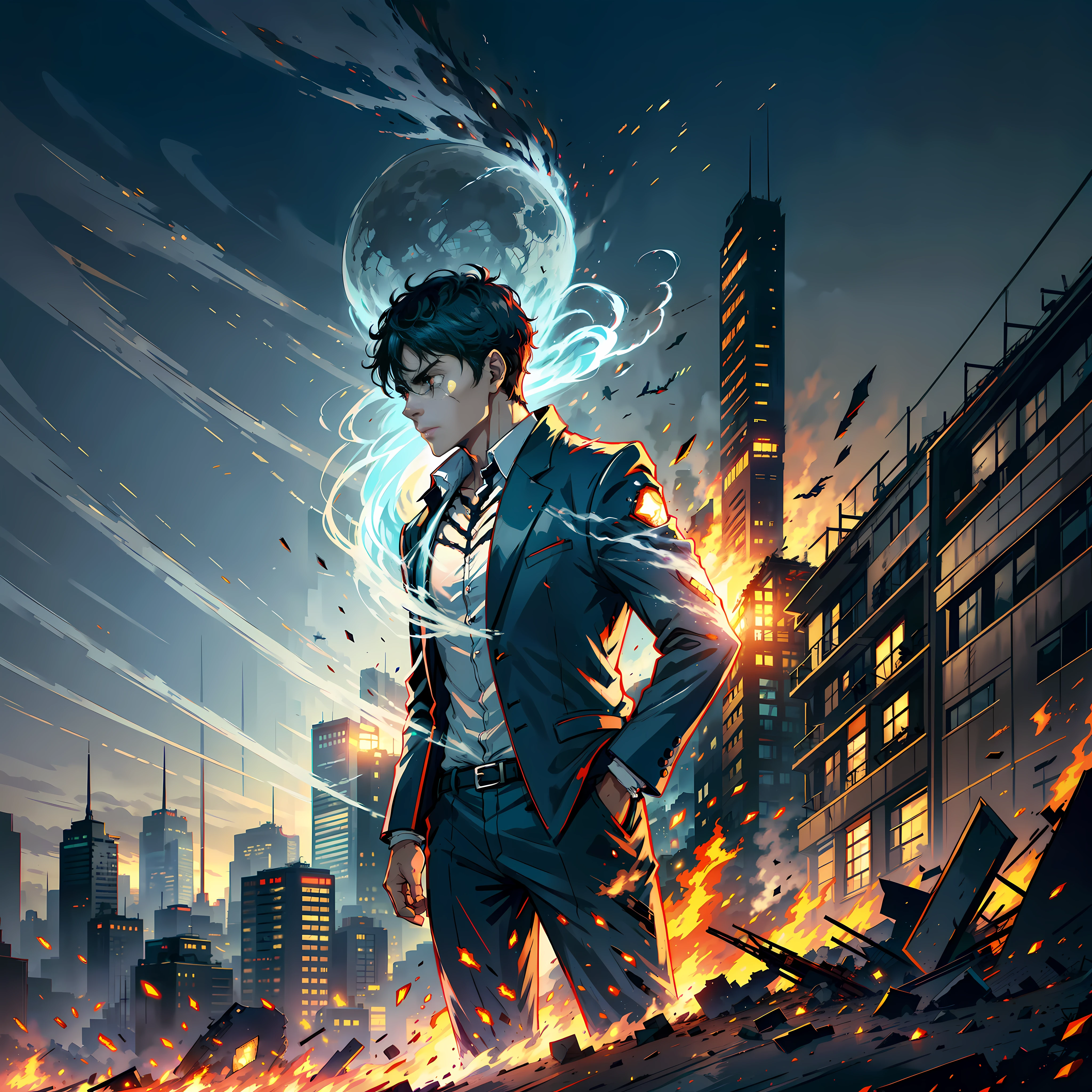 A handsome boy stands up, short black hair, super detailed face, about to turn into a zombie, front, collapsed buildings, rubble, fire +, billowing smoke, fear +, overturning, night, horror, half moon in the sky, apocalypse, no blood, highly real, UHD, chiaroscuro, super high detail, energy flow around him