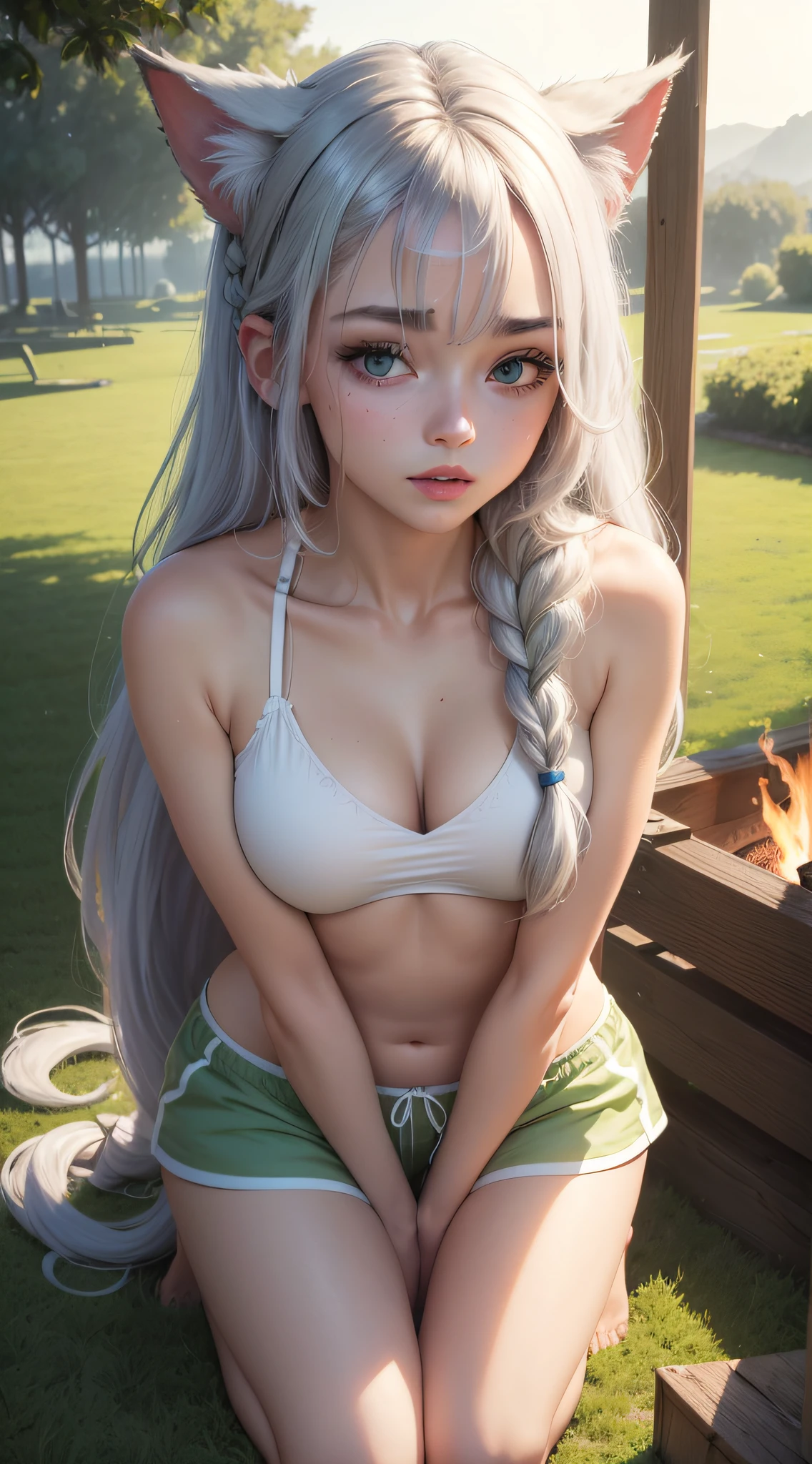 ((Best quality, 8k, Masterpiece :1.3)), open sky, night light, night sky, natural night light, pretty woman, catgirl, platinum hair with green highlights, a single long braid, long white cat tail, cat ears, small firm ,wet:0.6,tired, sagging breastselly:0.4, wide hips, long floating hair, sleepwear, random color, ultra-detailed face, detailed lips, detailed eyes, double eyelid, lawn, lush greens, outdoor camp, outdoor bed, camp fire, gasping face, kneeling on all fours, gym shorts, loose shorts,thick thighs