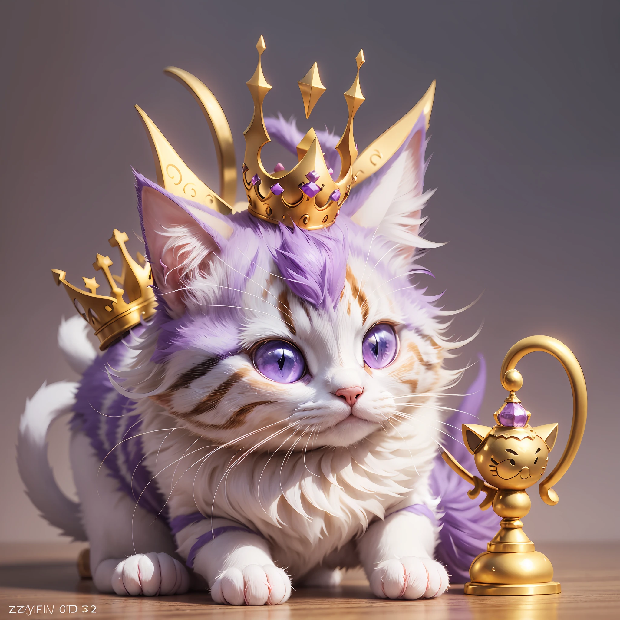 Purple and white cat with golden crown on head, cute 3 d rendering, cute digital painting, cute detailed digital art, stylized 3d rendering, stylized 3d rendering, stylized 3 d, stylized to 3d rendering, color zbrush rendering, smooth 3d cg rendering, cute digital art, cute cat, super detailed rendering --auto --s2