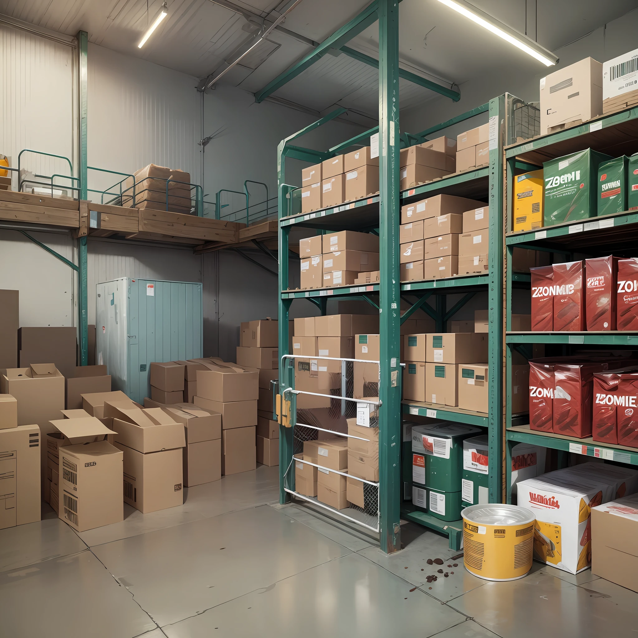 Post-zombie apocalypse food depot. Zombie apocalypse. Warehouse. Food storage. Ultra realistic 8K --auto --s2