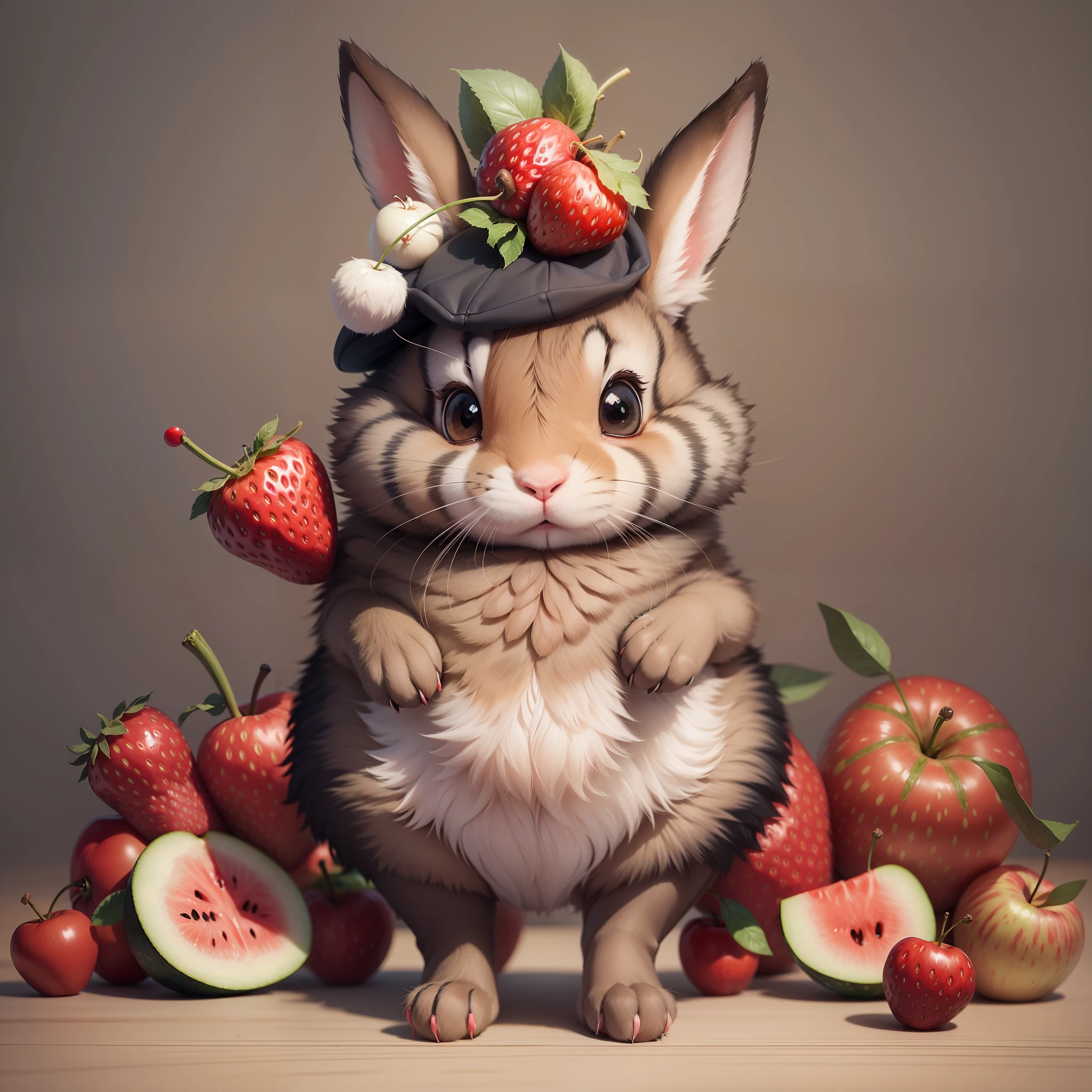 : 3. bunny, realistic, furry animal, apple, black eye, blush, cherry, food, fruit, full body, hat, non-human, strawberry, tomato, watermelon