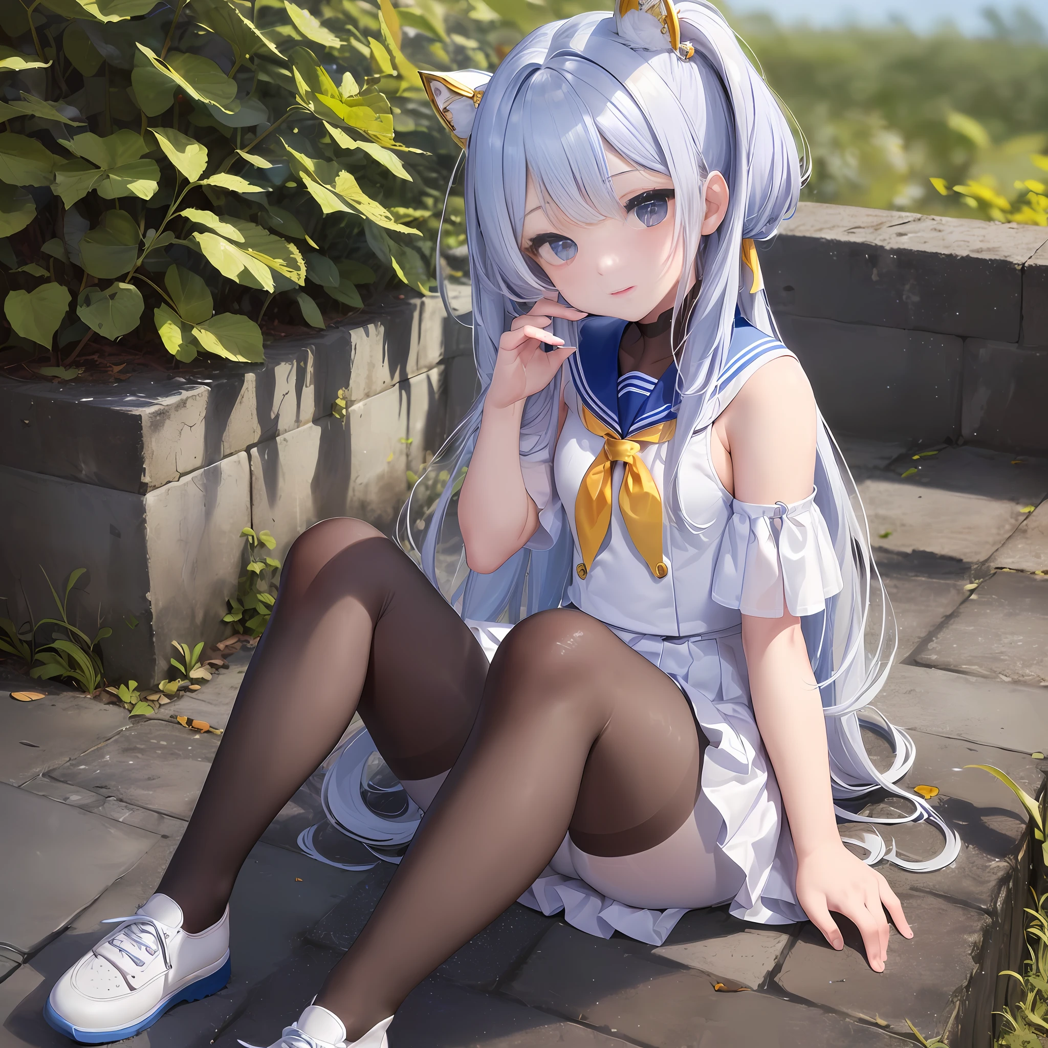 Masterpiece level, highest quality, little , white sailor suit, small leather shoes, double ponytail, seated, full body, ((cute), sexy, long blue hair, large, ultra-see-through, (thighband pantyhose, white pantyhose: 1.3), miniskirt, (textured skin, anatomically correct, masterpiece, UHD, ccurate, high details, super detail, high quality, best quality, highres, 1080P)),outdoors,(,Skin radiance,Skin quality:1.6)(14 y), (Loli), (Fair SkiBeautiful Girl: 1.5), (Skin Quality: 1.5), (Glossy Skin: 1.3), (Beautiful Girl), (Superb Body), Short Hair, (Straight Hair), (rose Hair), Hair with Beautiful Details, ((blurred))
