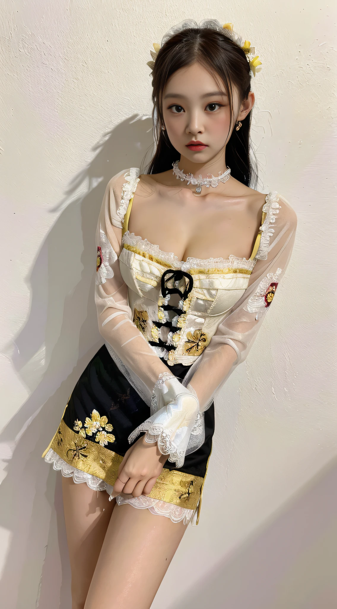 Masterpiece, Superb Painting, Realism, Cosplay, Maid, Cafe, 1 Female, (Hanfu, Exposed Dress, Black Shorts, Embroidery, Flowers, Lace, Decoration, Cleavage, Yellow with White Linen Skirt, Round Neck, Stacked Collar),