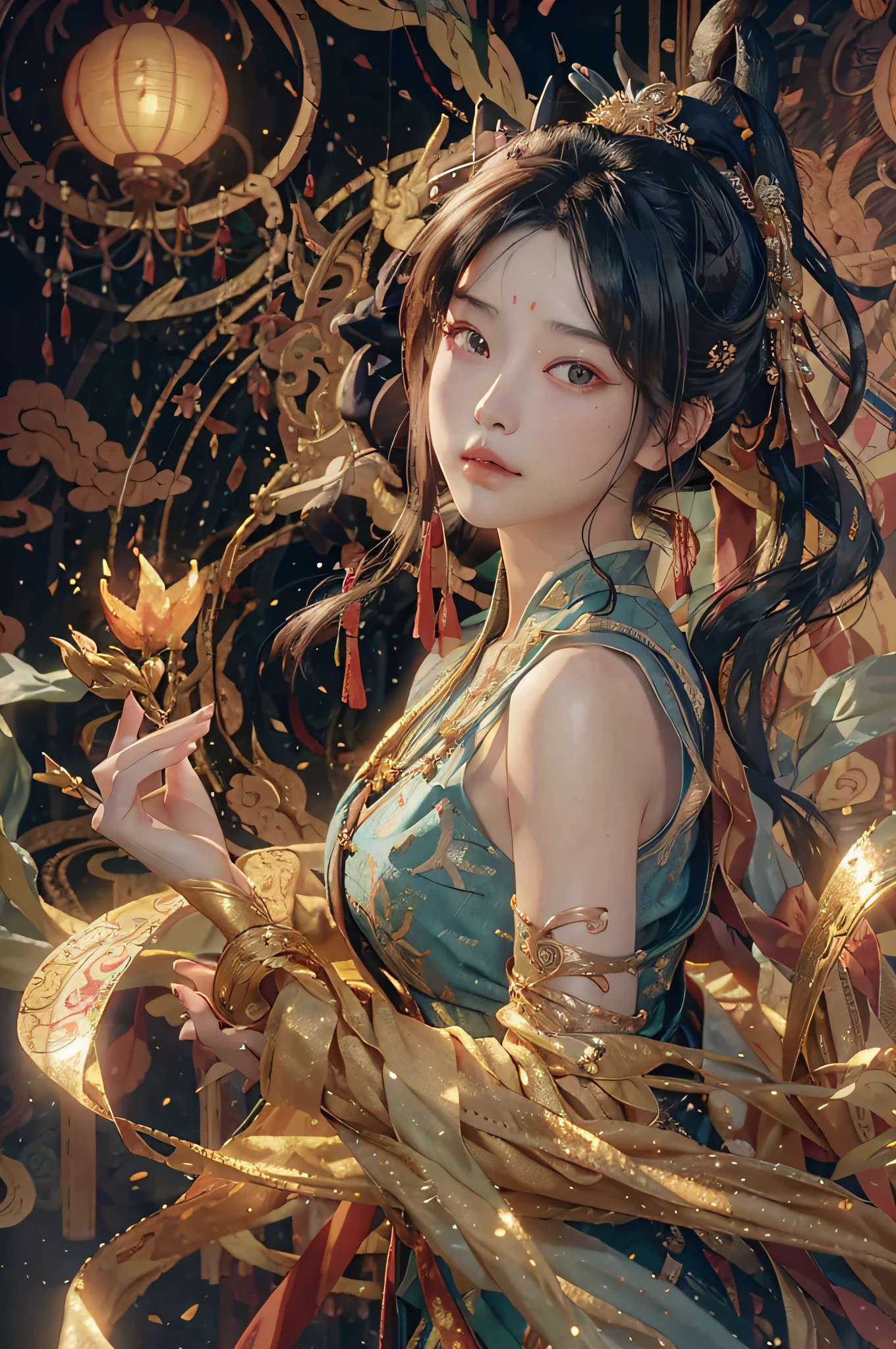 (RAW photo, best quality), (realistic, photo-realistic:1.3), best quality, highly detailed, masterpiece, ultra-detailed, illustration, 1girl, upper_body, beauty, world mastery theater, messy_long_hair,best quality, extremely detailed CG unity 8k壁纸，墨水，惊人，电影灯光，lens_flare，dunhuang_style