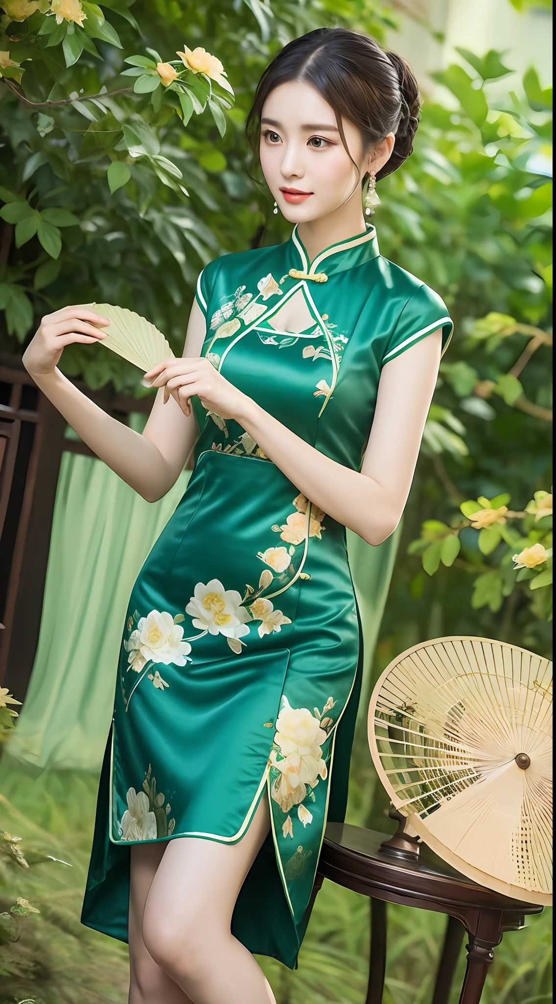 A woman in a green dress, long legs, perfect chest, holding a lady's folding fan, the fan is painted with lotus flowers, traditional Chinese clothing, cheongsam, Hanfu, wearing a blue cheongsam dress, traditional Thai clothing, soft green, with ancient Chinese aesthetics, traditional women, outdoor,