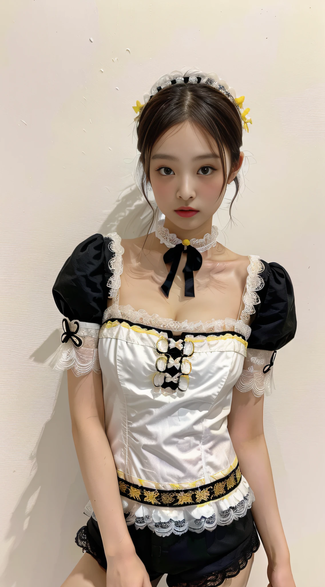 Masterpiece, Superb Painting, Realism, Cosplay, Maid, Cafe, 1 Female, (Hanfu, Exposed Dress, Black Shorts, Embroidery, Flowers, Lace, Decoration, Cleavage, Yellow with White Linen Skirt, Round Neck, Stacked Collar),