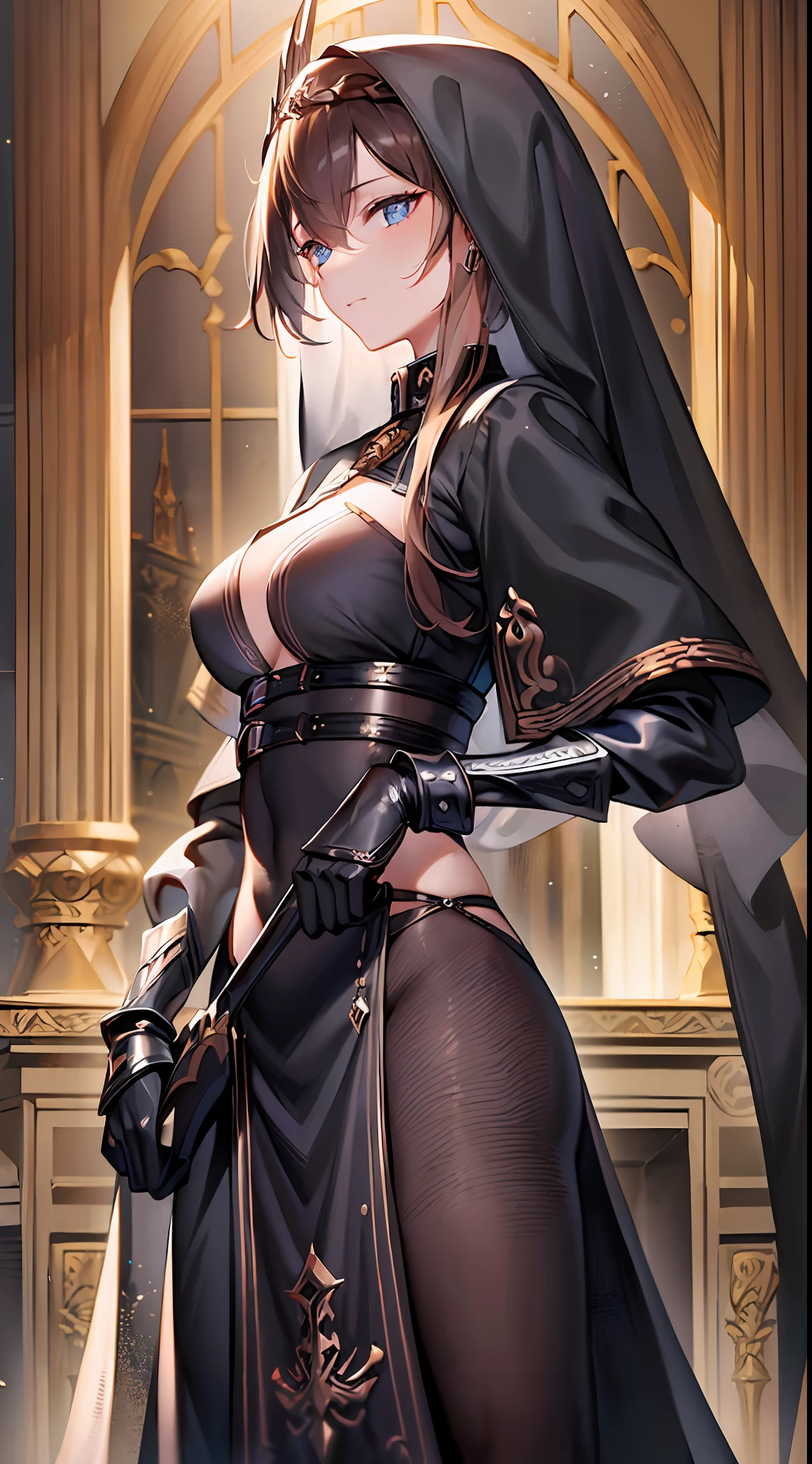 (masterpiece:1.2), (best quality:1.3), valkyrie_pledge, 1girl, standing, cowboy_shot, slight_smile, flat_chest, black_dress, long_sleeves, nun, veil, --auto --s2