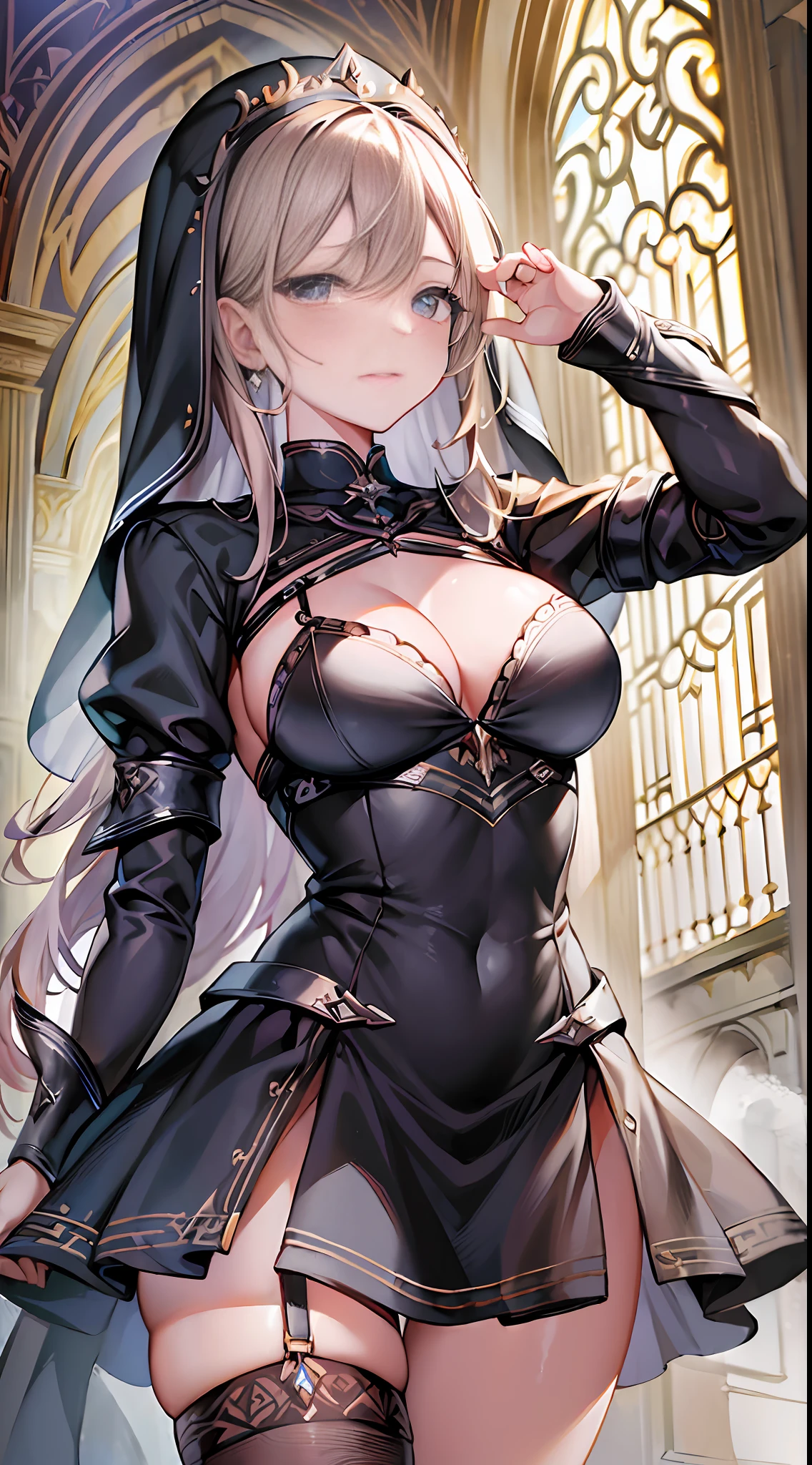 (masterpiece:1.2), (best quality:1.3), valkyrie_pledge, 1girl, standing, cowboy_shot, slight_smile, flat_chest, black_dress, long_sleeves, nun, veil, --auto --s2
