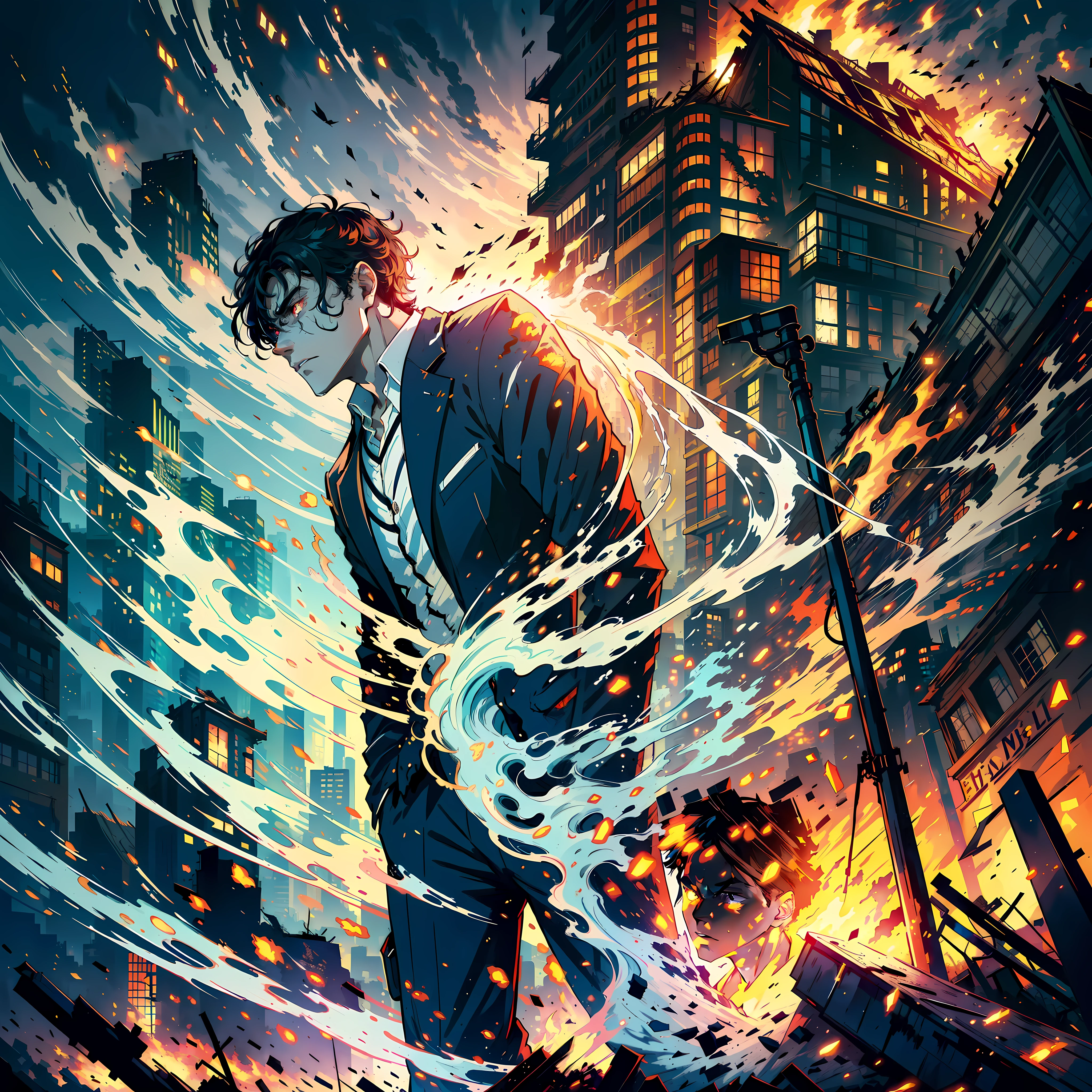 A handsome boy stands up, short black hair, super detailed face, about to turn into a zombie, front, collapsed buildings, rubble, fire +, billowing smoke, fear +, overturning, night, horror, half moon in the sky, apocalypse, no blood, highly real, UHD, chiaroscuro, super high detail, energy flow around him