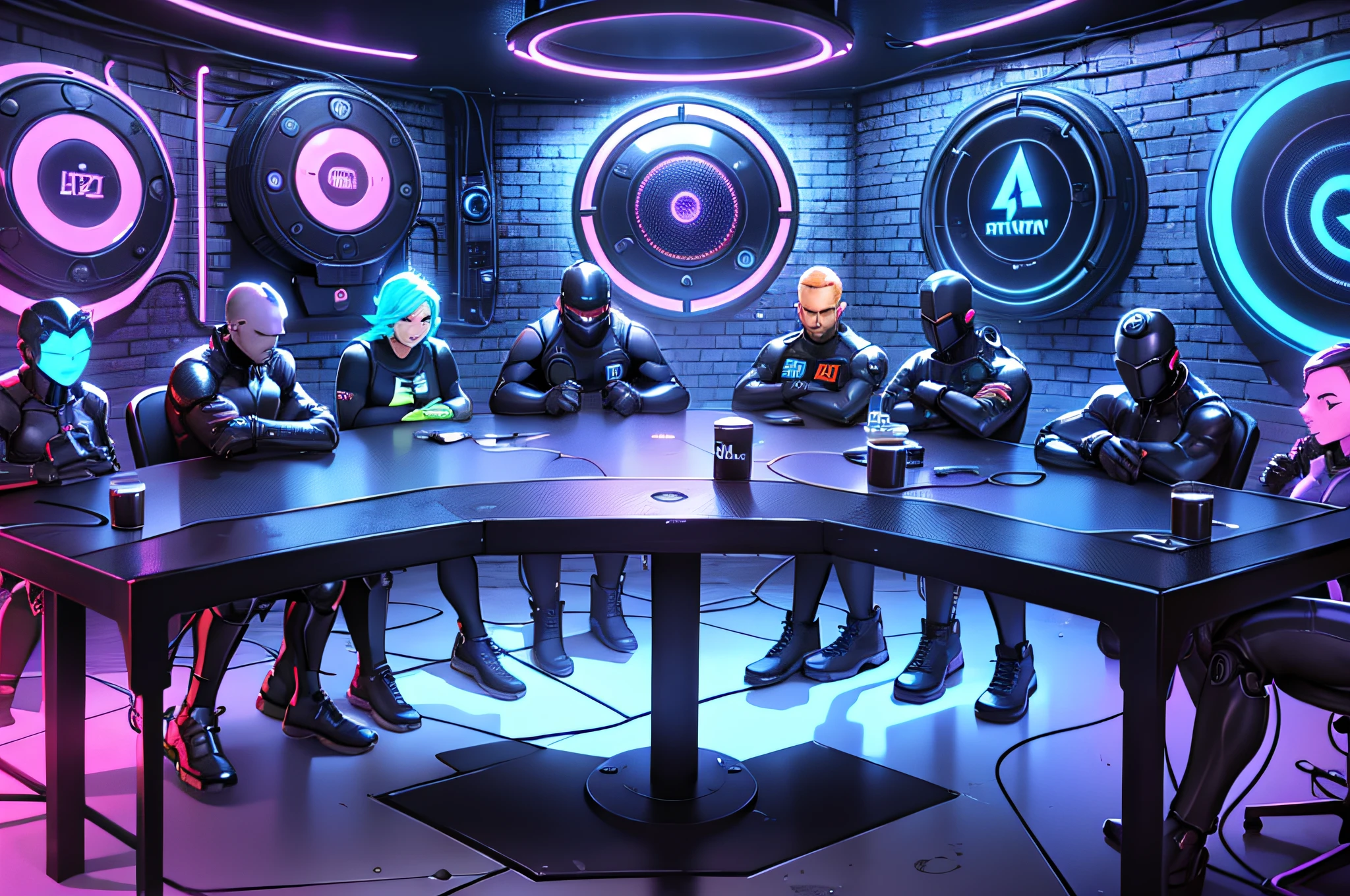 A cozy and unique environment for your podcast. The room is dark cyberpunk illuminated by blue and purple neon lights, with a small brick wall serving as a chrome backdrop. The shelf displays action figures and pop culture posters, while a lightning-bolt-shaped LED line says "Podcast On Air" 3 dimensions large wall large wall black wall, minimalist, has a round table for conversations, pop culture items, the image serves to use in the chroma of a youtuber's webcan --auto --s2