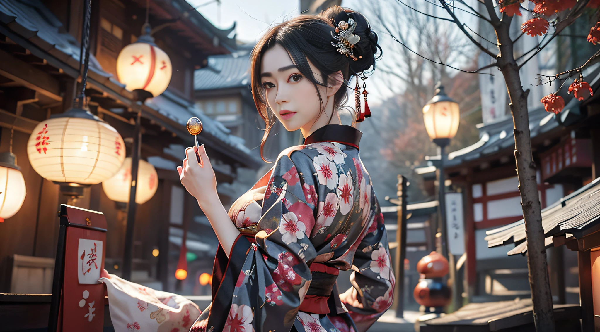 Buttocks, dark night, moonlight, summer festival, festival, spirited away background, beautiful Japan woman in kimono with Japan hair tied, beautiful and well-proportioned face, Japan hair, tanbo, skin sleeves, Japan obi, dressed, loose breasts, no bra, undulating proportions, seductive poses, provocative smiles, mature women, geisha, courtesans, oiran and maiko, shrines, stalls, food stalls, festivals, red light background, lantern red light, Japan fantasy background, night scene, masterpiece, exquisite and artistic face, Very detailed and expressive eyes, shiny hair, highly detailed face and skin texture, highly detailed skin with pores, detailed hand description, detailed leg description, 8K, 16K, top quality, professional writing, radiosity, photorealistic, exquisite CG, physical rendering, ultra-realistic, realistic and realistic textures, Unreal Engine 5, Dynamic Angle,