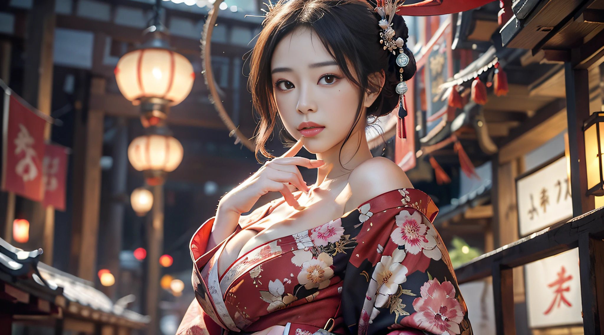 Buttocks, dark night, moonlight, summer festival, festival, spirited away background, beautiful Japan woman in kimono with Japan hair tied, beautiful and well-proportioned face, Japan hair, tanbo, skin sleeves, Japan obi, dressed, loose breasts, no bra, undulating proportions, seductive poses, provocative smiles, mature women, geisha, courtesans, oiran and maiko, shrines, stalls, food stalls, festivals, red light background, lantern red light, Japan fantasy background, night scene, masterpiece, exquisite and artistic face, Very detailed and expressive eyes, shiny hair, highly detailed face and skin texture, highly detailed skin with pores, detailed hand description, detailed leg description, 8K, 16K, top quality, professional writing, radiosity, photorealistic, exquisite CG, physical rendering, ultra-realistic, realistic and realistic textures, Unreal Engine 5, Dynamic Angle,