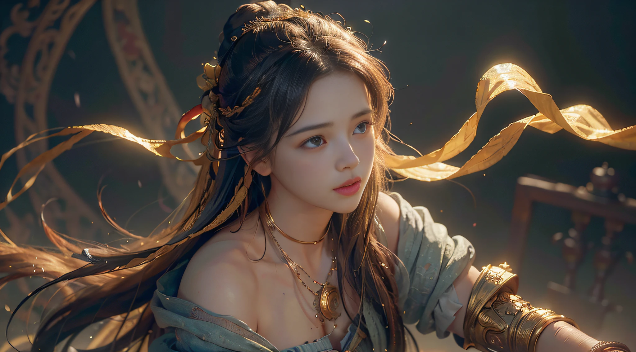 (RAW photo, best quality), (realistic, photo-realistic:1.3),best quality,highly detailed,masterpiece,ultra-detailed,illustration,1girl,upper_body,dynamic angle,world masterpiece theater,messy_long_hair,best quality,extremely detailed CG unity 8k wallpaper,ink,Amazing,cinematic lighting,lens_flare,,dunhuang_style