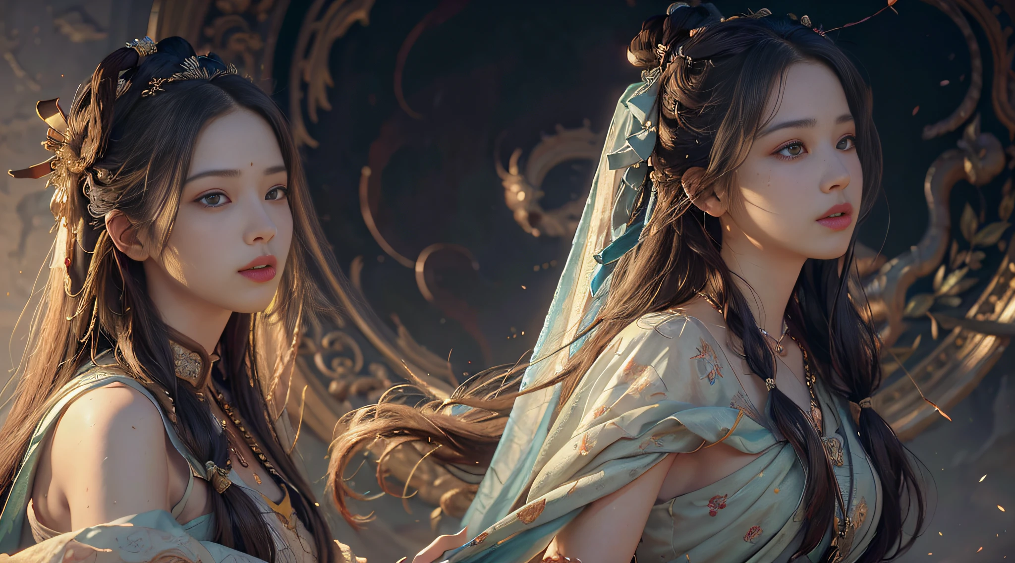 (RAW photo, best quality), (realistic, photo-realistic:1.3),best quality,highly detailed,masterpiece,ultra-detailed,illustration,1girl,upper_body,dynamic angle,world masterpiece theater,messy_long_hair,best quality,extremely detailed CG unity 8k wallpaper,ink,Amazing,cinematic lighting,lens_flare,,dunhuang_style