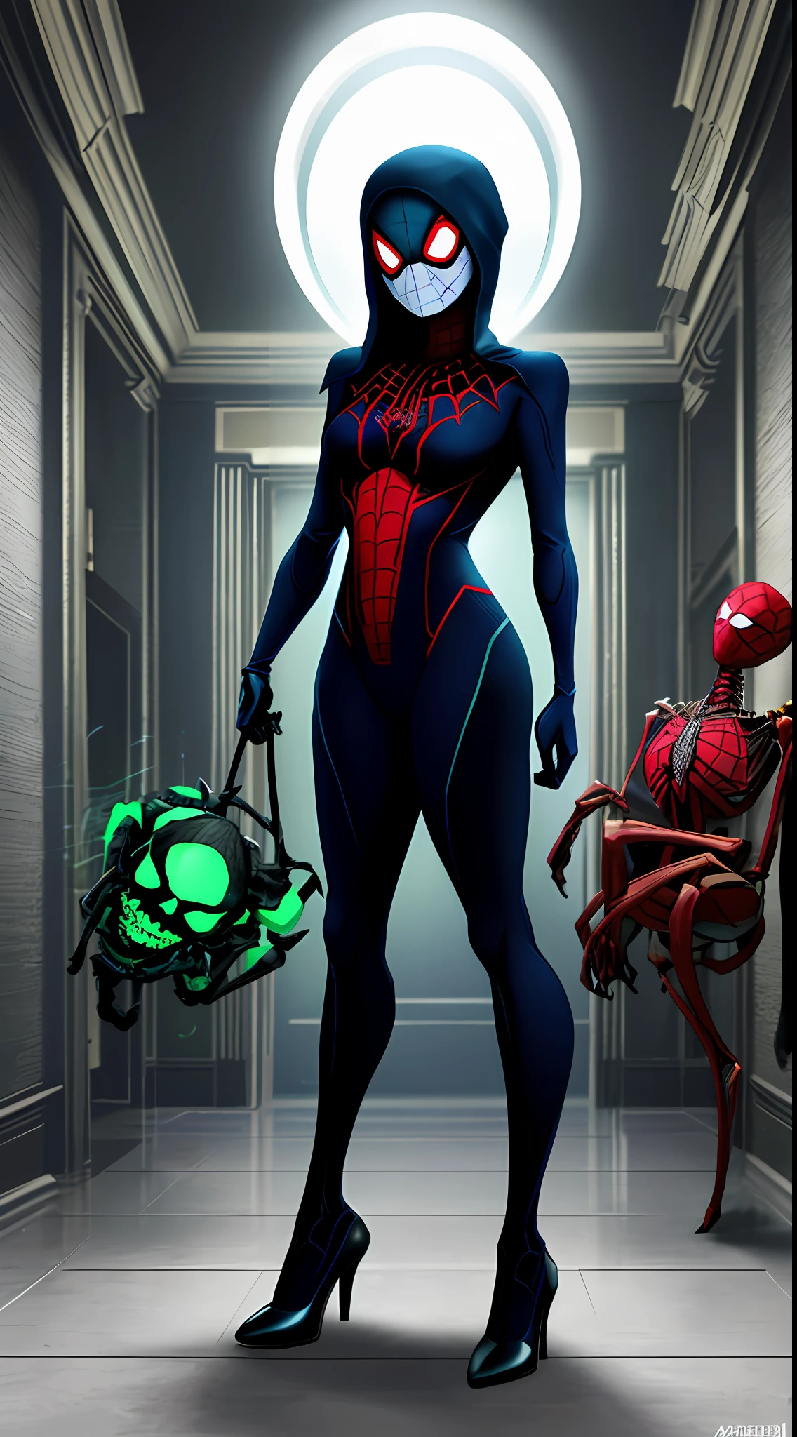 Create an image with 64k resolution, Unreal Engine 5, SpiderMan style, Super Metroid style, full body image of a zombie skeleton woman, cosplaying Spider-Man in black costume with white parts, looking at the viewer, green eyes, blue hair, holding a suitcase, in a haunted hotel with ghosts, Put only one character in the image.