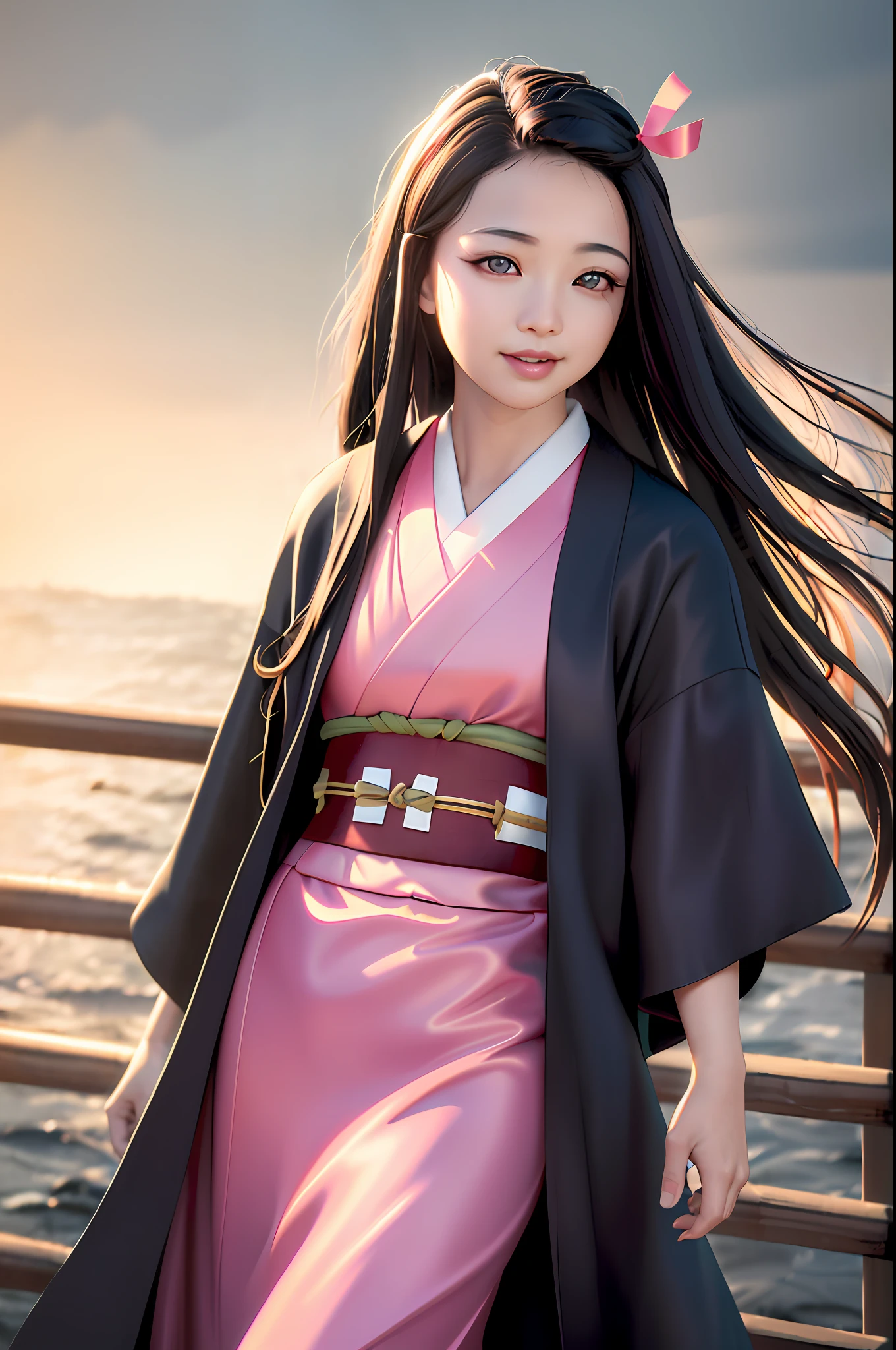 masterpiece, (photorealistic:1.5), realistic eyes, asian woman, best quality, beautiful lighting, professional lighting, photon mapping, radiosity, physically-based rendering,
kamado nezuko, 1girl, black hair, forehead, hair ribbon, japanese clothes, kimono, long hair, multicolored hair, open mouth, pink eyes, pink kimono, pink ribbon, ribbon, smile, very long hair, sky, ((aged up)),
(RAW photo, 8k uhd, film grain)