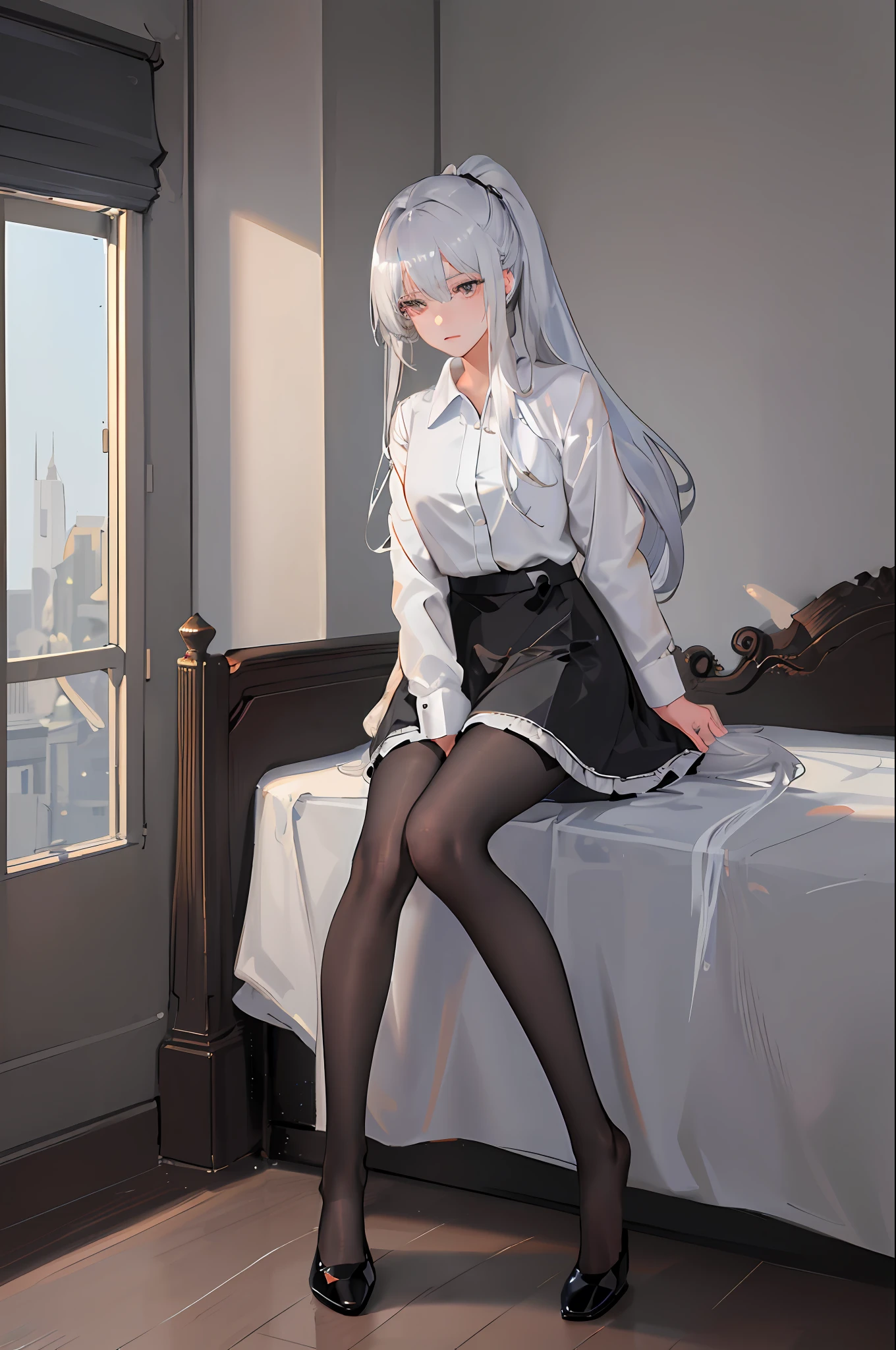 (((1 girl)),ray tracing,(dim lighting),[detailed background (bedroom)),((silver hair)),((silver hair)),(Fluffy silver hair, plump slender girl)) with high ponytail)))) Avoid golden eyes in the ominous bedroom (((Girl wears a white shirt, black wrinkled skirt with black sheer pantyhose), showing a delicate slim figure and graceful curves, correct limbs, sitting on the bed