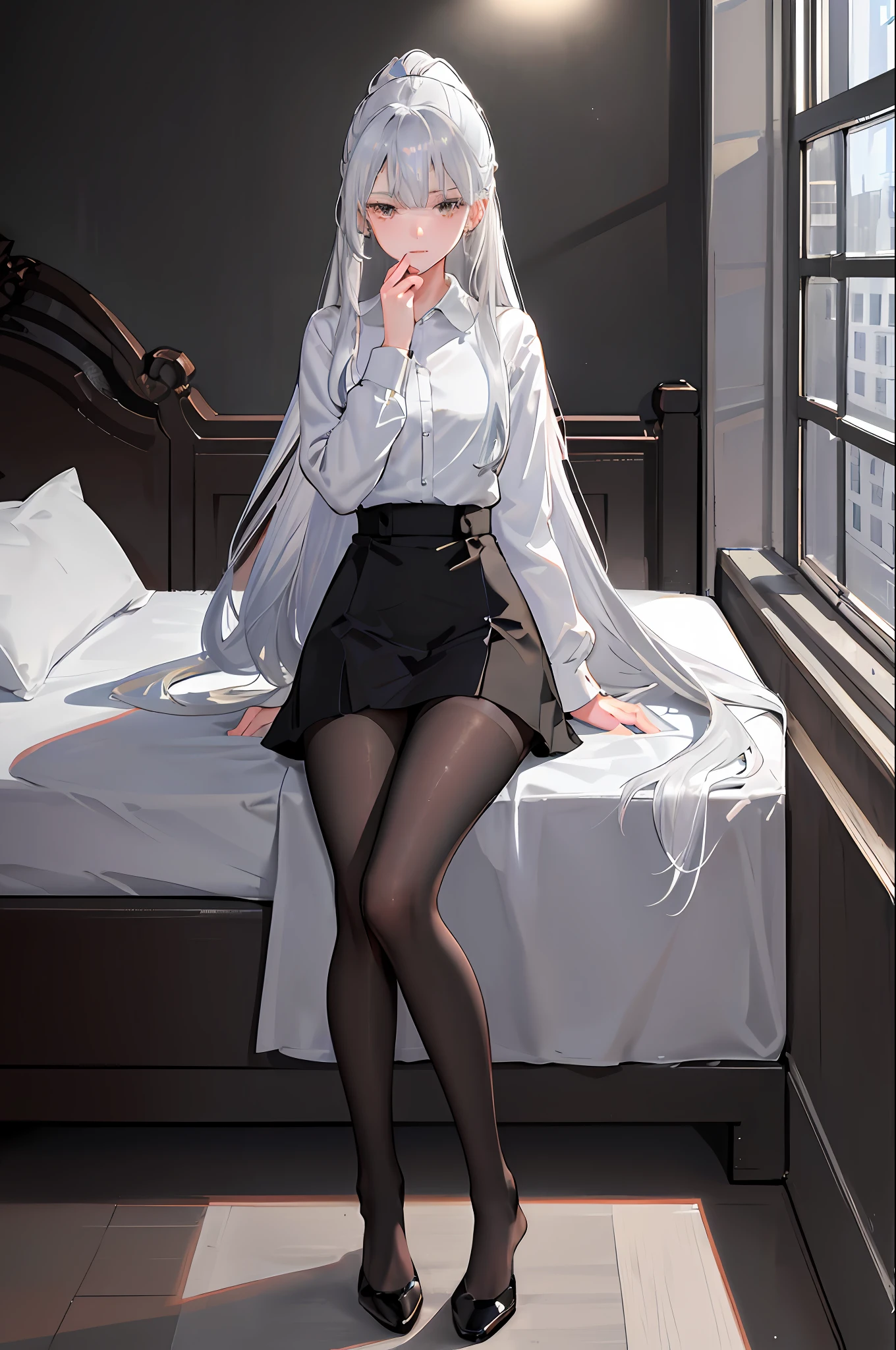 (((1 girl)),ray tracing,(dim lighting),[detailed background (bedroom)),((silver hair)),((silver hair)),(Fluffy silver hair, plump slender girl)) with high ponytail)))) Avoid golden eyes in the ominous bedroom (((Girl wears a white shirt, black wrinkled skirt with black sheer pantyhose), showing a delicate slim figure and graceful curves, correct limbs, sitting on the bed