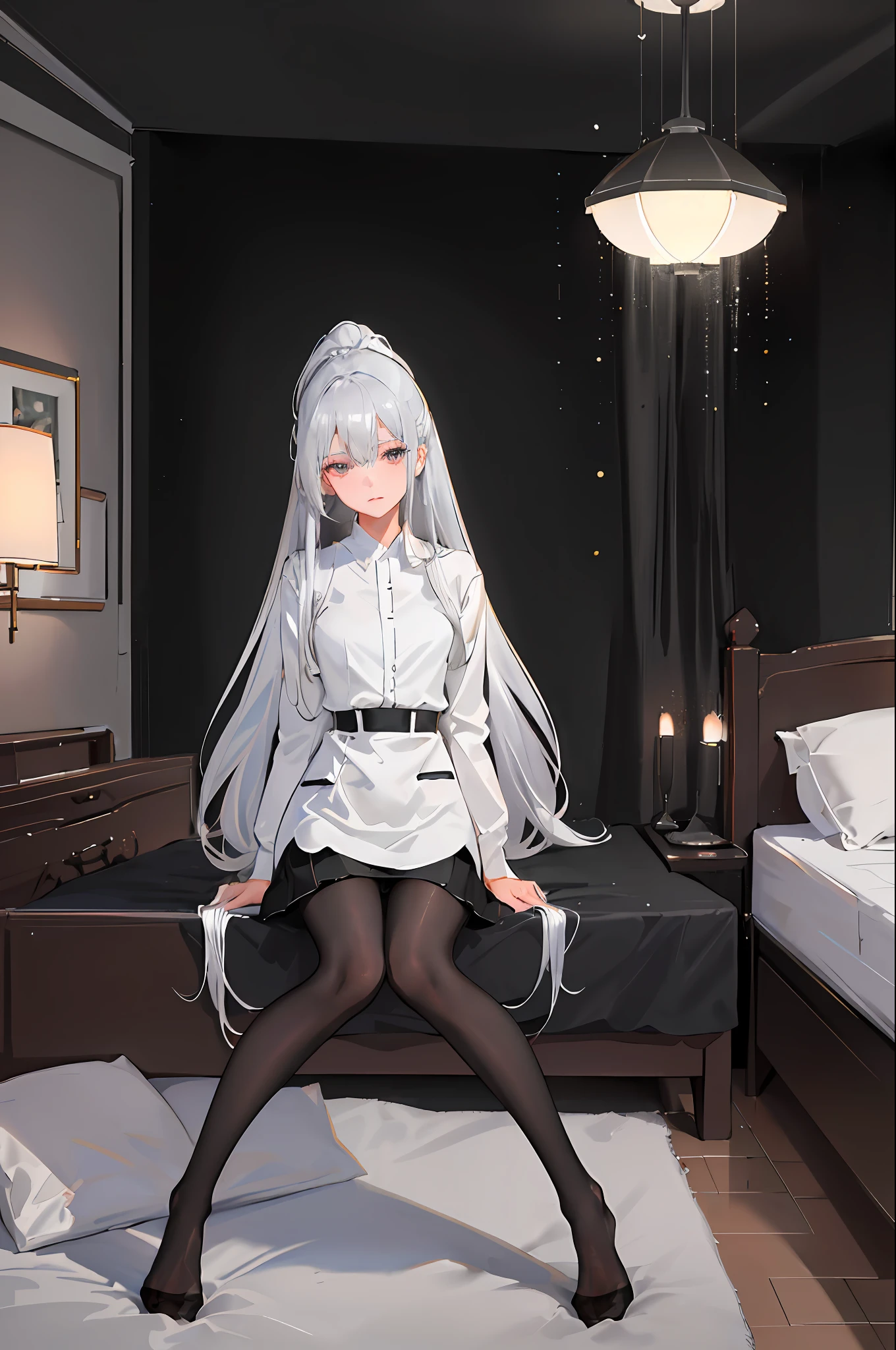 (((1 girl)),ray tracing,(dim lighting),[detailed background (bedroom)),((silver hair)),((silver hair)),(Fluffy silver hair, plump slender girl)) with high ponytail)))) Avoid golden eyes in the ominous bedroom (((Girl wears a white shirt, black wrinkled skirt with black sheer pantyhose), showing a delicate slim figure and graceful curves, correct limbs, sitting on the bed
