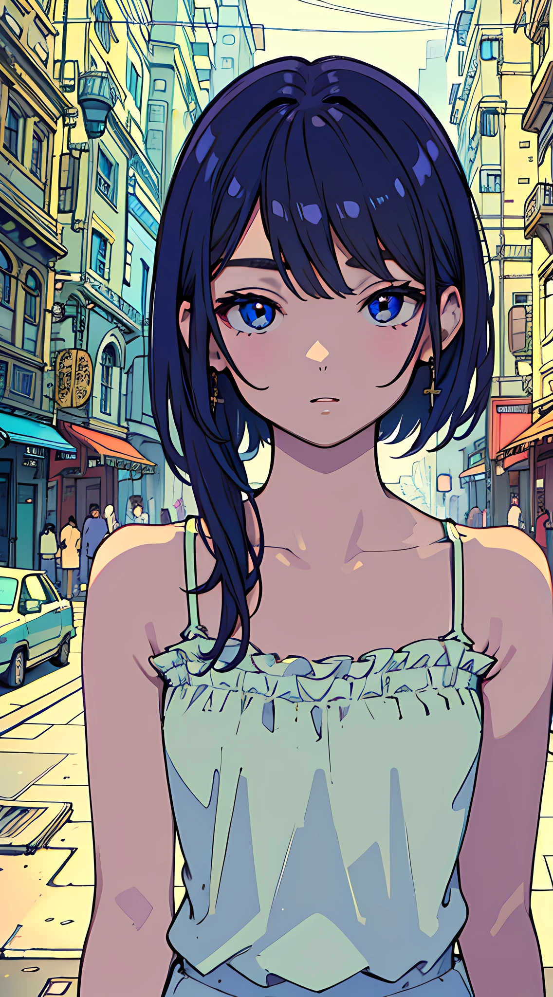 masterpiece, best quality, beautiful face, (street, upper body:1.4), (camisole:1.2), 1girl, , 8k, 35mm, absurdres, noon, flat color, perspective, depth of field, HDR, (bleach bypass, ginnokoshi:0.8), cinematic lighting, professional lighting, sharp focus, highres, photography, realistic, ultra detailed, finely detail, delicate facial features, detailed eyes and face, realistic eyes, sharp pupils
