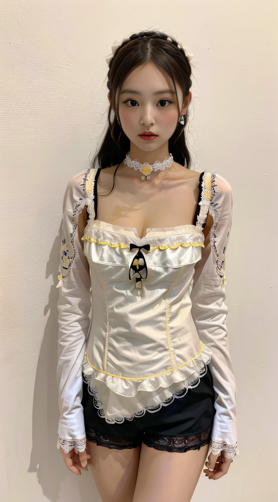 Masterpiece, Superb Painting, Realism, Cosplay, Maid, Cafe, 1 Female, (Hanfu, Exposed Dress, Black Shorts, Embroidery, Flowers, Lace, Decoration, Cleavage, Yellow with White Linen Skirt, Round Neck, Stacked Collar),