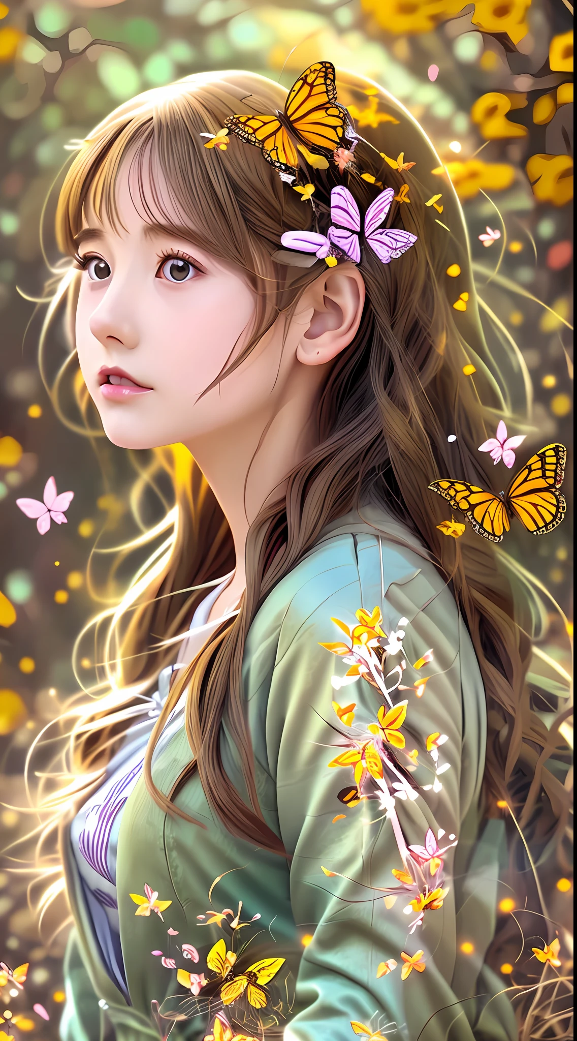 Anime girl in the forest with butterflies in her hair in glowing and fantastic scene style, yellow and brown, animated GIFs, delicate flowers, realistic brush strokes, stars, deep white and yellow